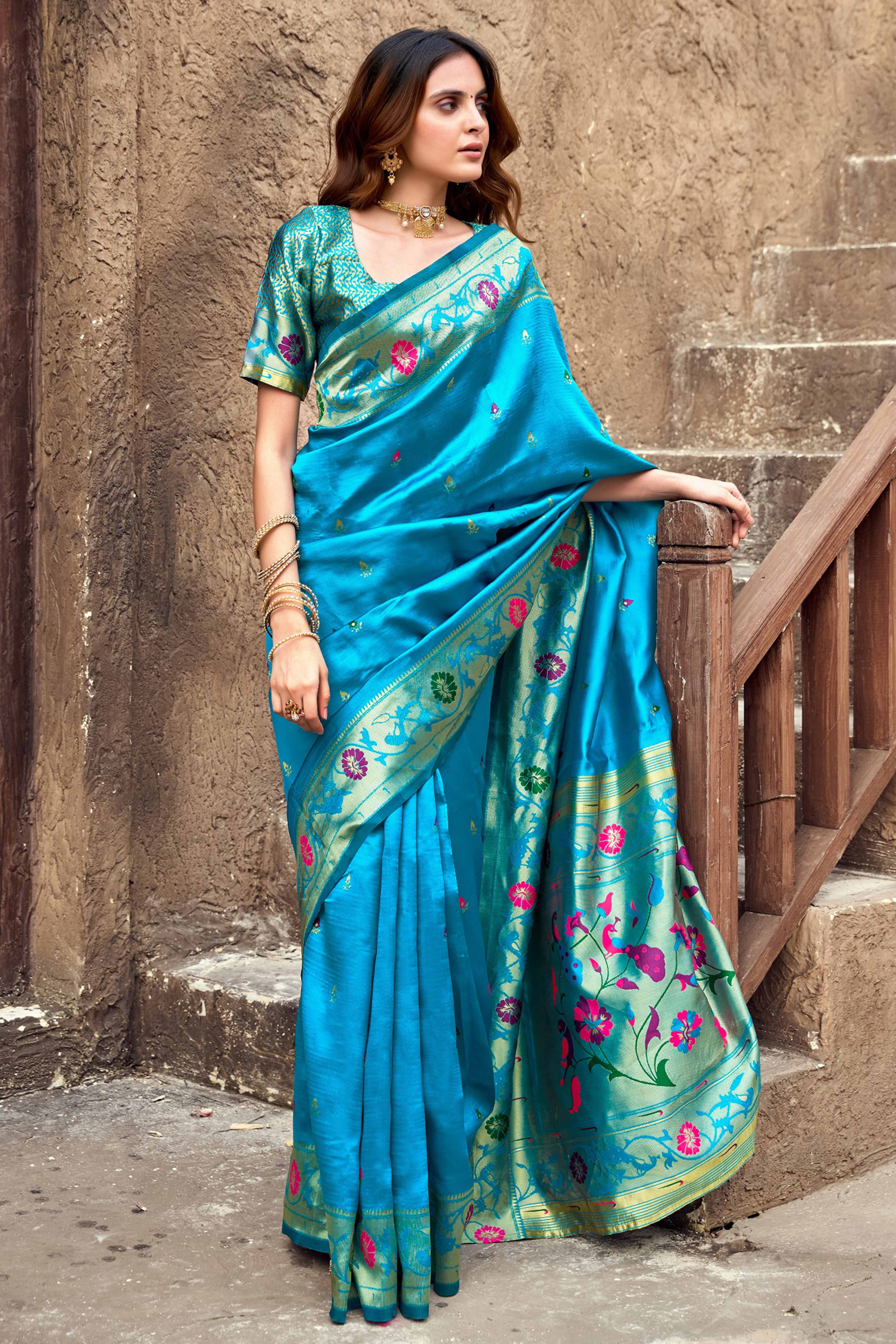 Rama Blue Paithani Style Soft Silk Saree with Zari Weaving