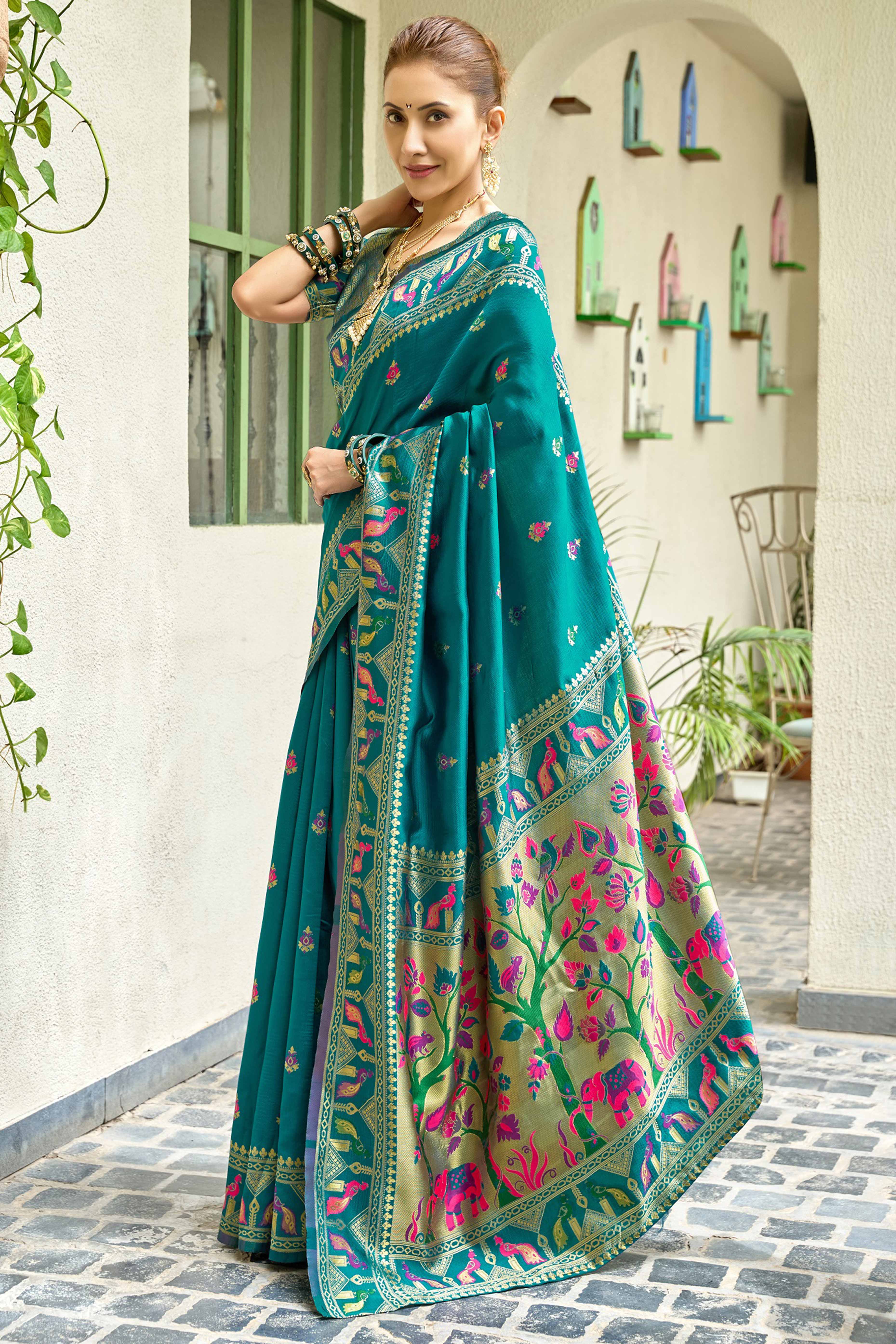 Rama Green Paithani Style Soft Silk Saree with Zari Weaving
