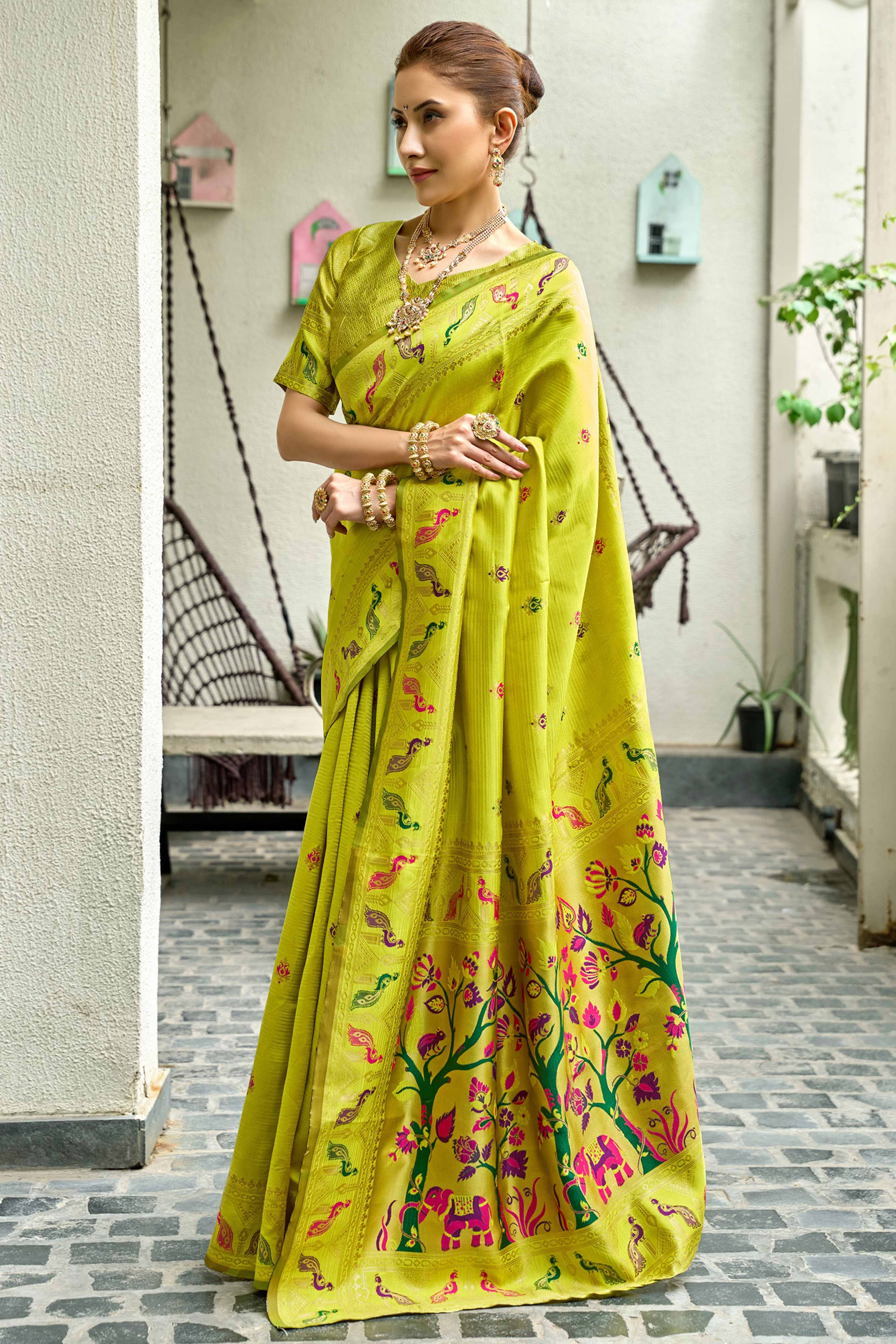 Parrot Green Paithani Style Soft Silk Saree with Zari Weaving