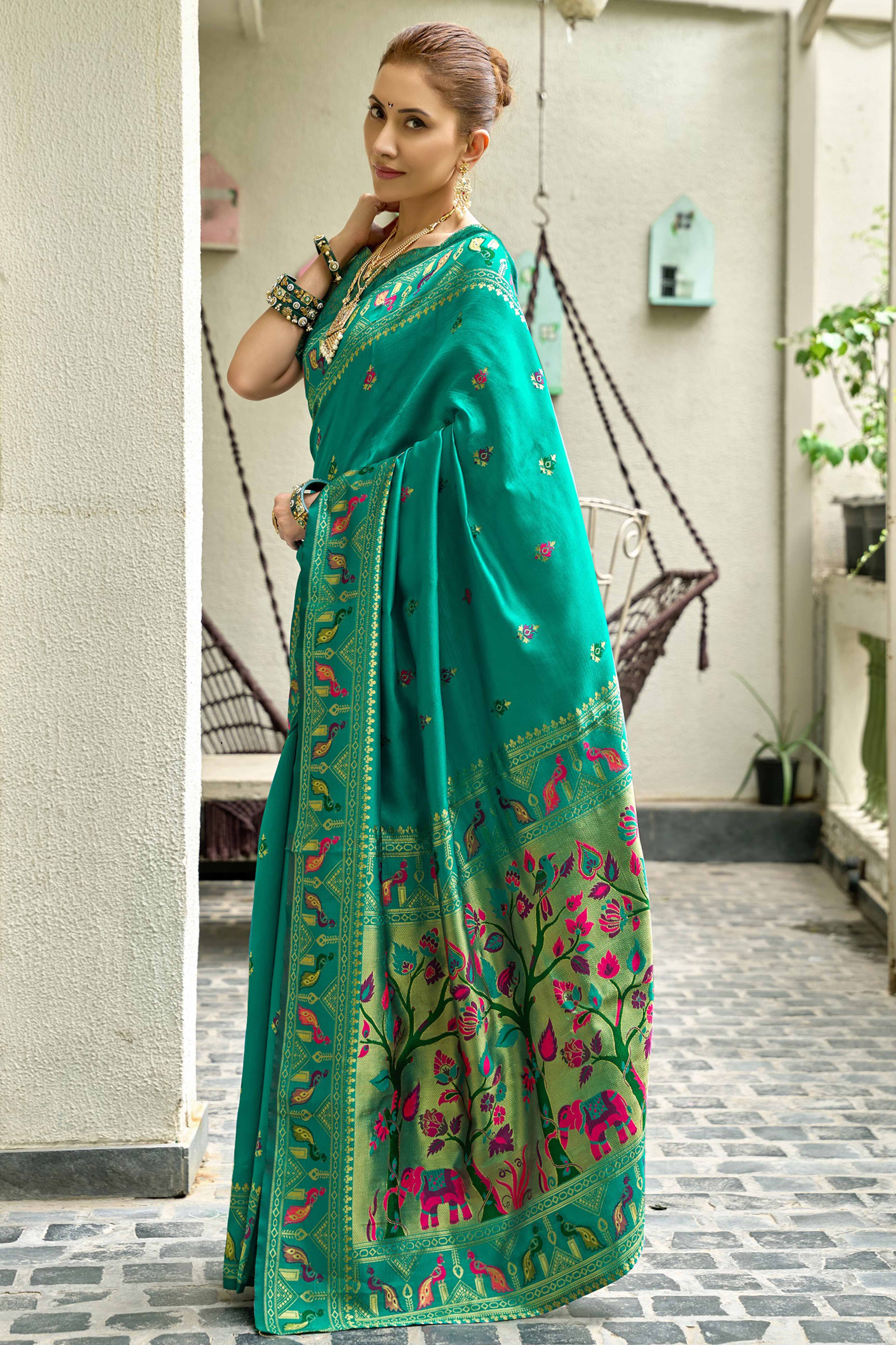 Peacock Green Paithani Style Soft Silk Saree with Zari Weaving