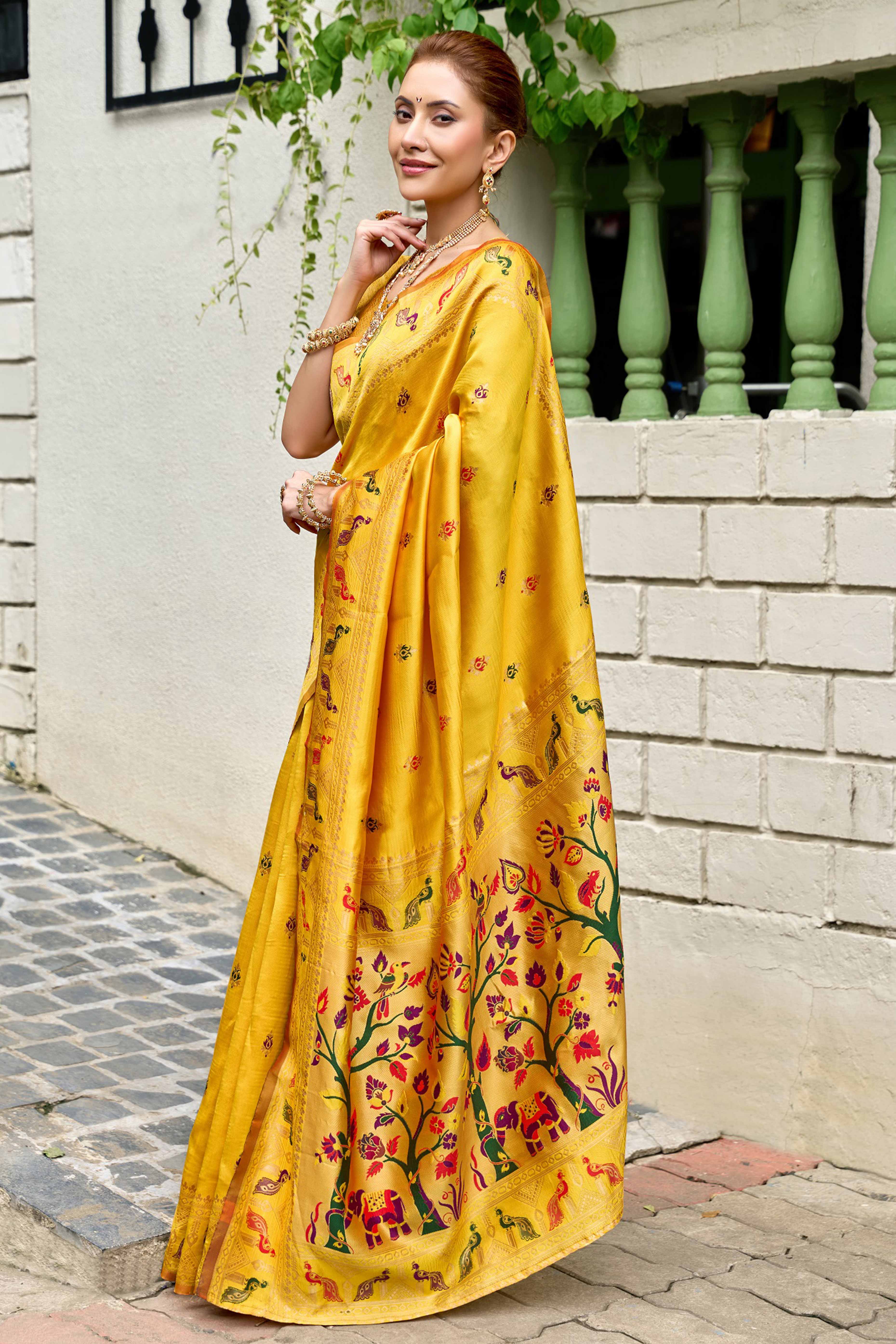 Mustard Paithani Style Soft Silk Saree with Zari Weaving