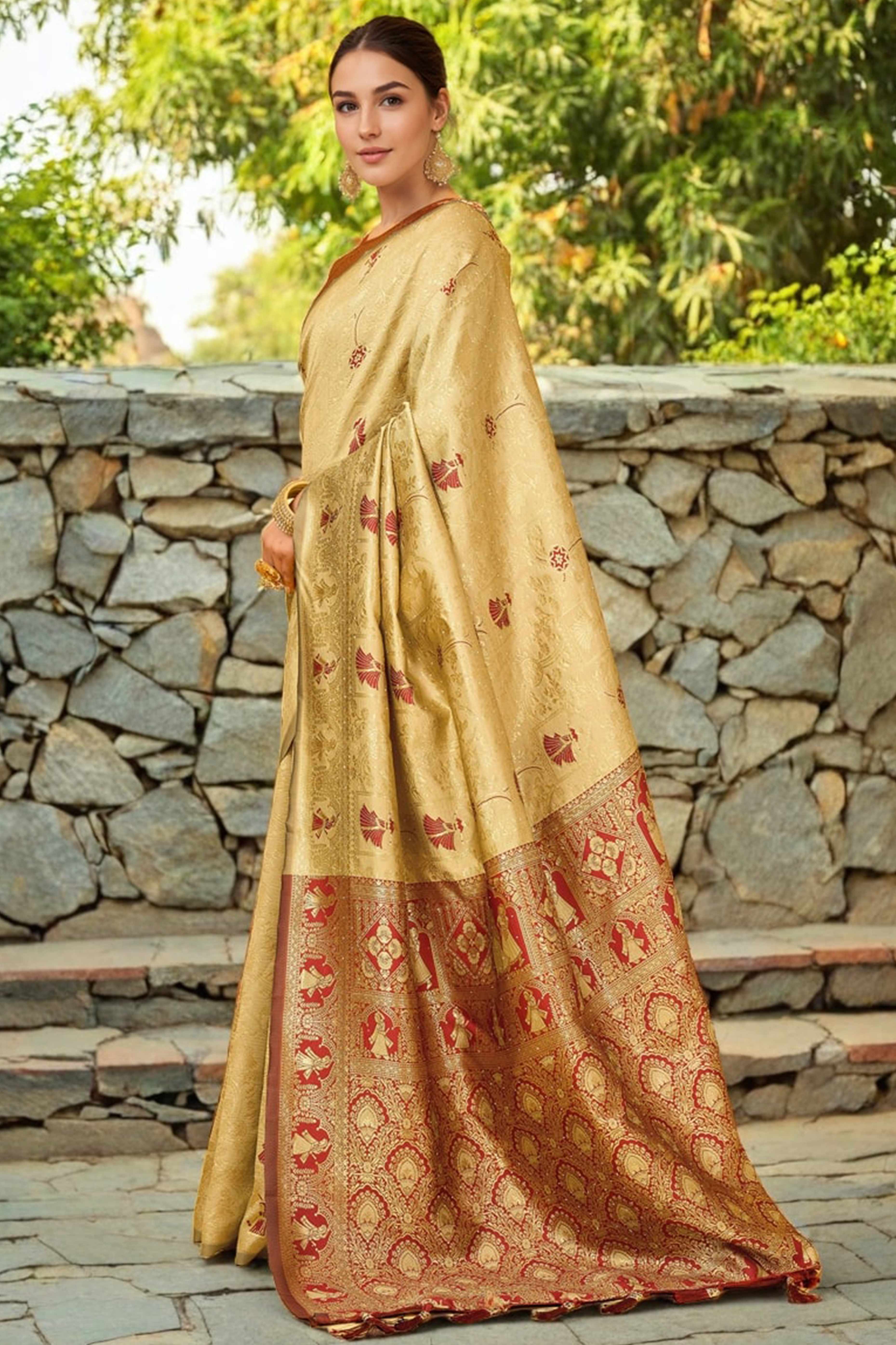 Chikoo Paithani Saree In Silk Blend Highlighted With Floral Weaving & Tasselled Edge