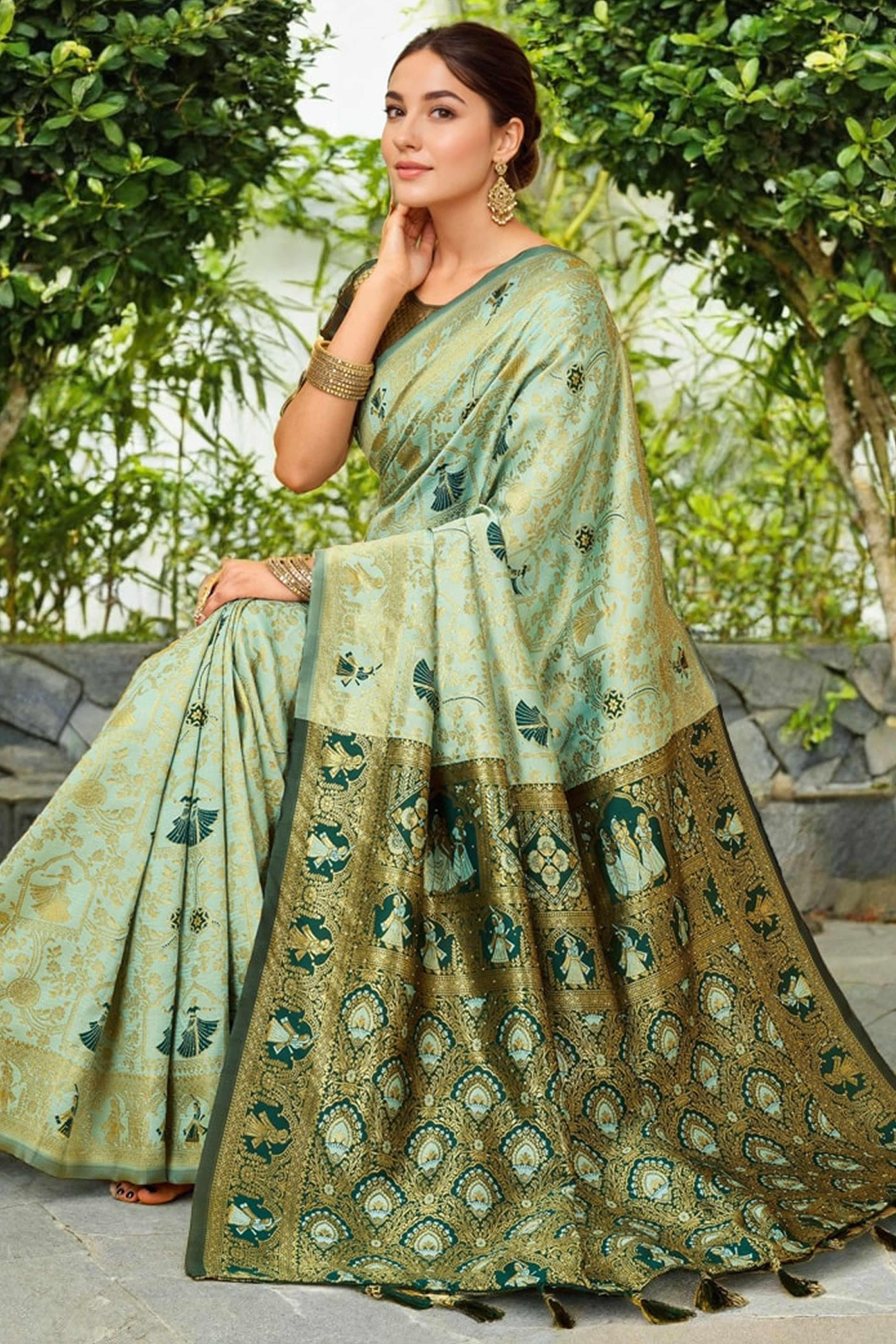 Pastel Mint Green Paithani Saree In Silk Blend Highlighted With Floral Weaving & Tasselled Edge