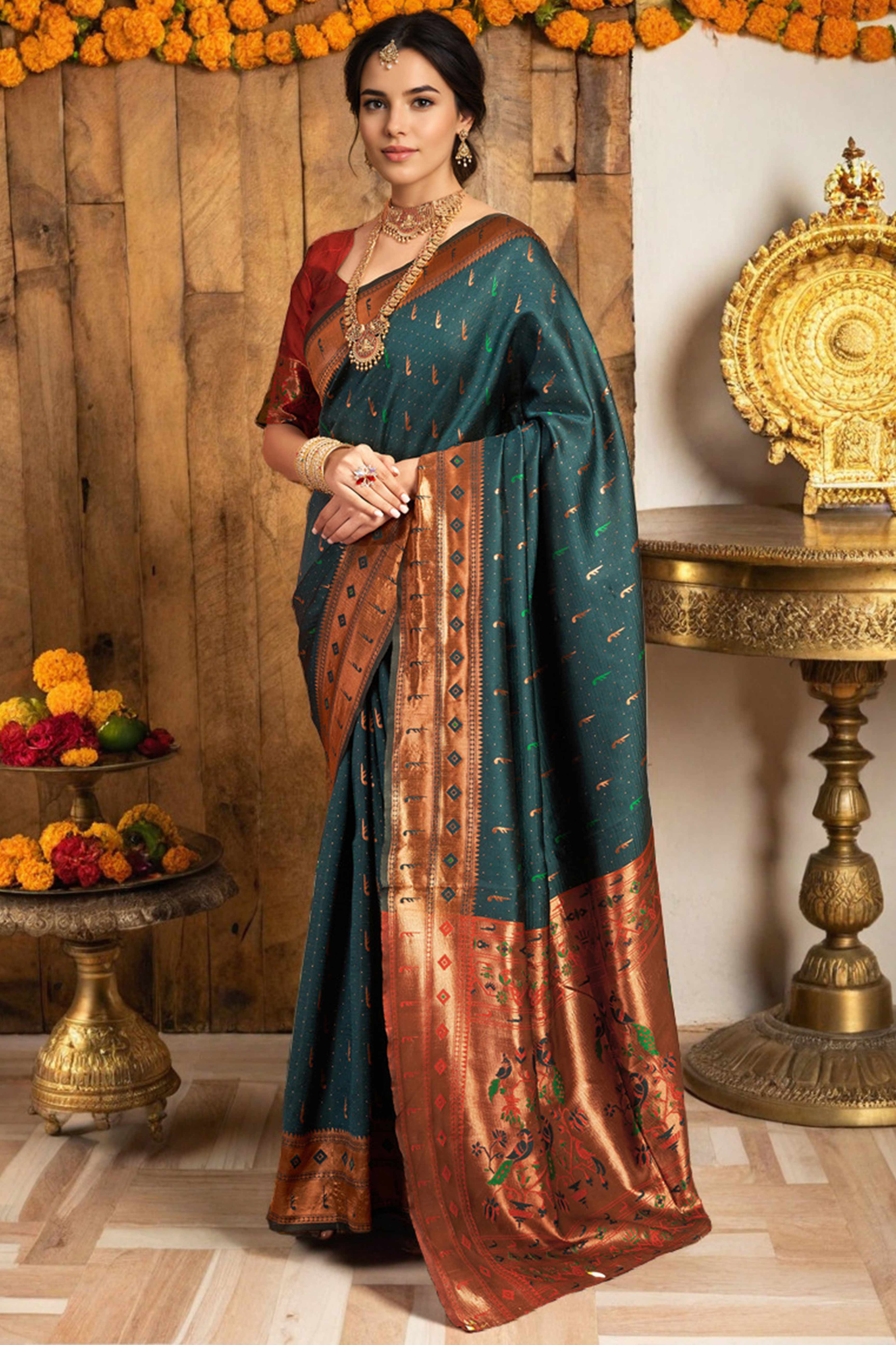 Deep Teal Silk Blend Paithani Saree Adorned With Zari Weaving & Peacock Motif Pallu