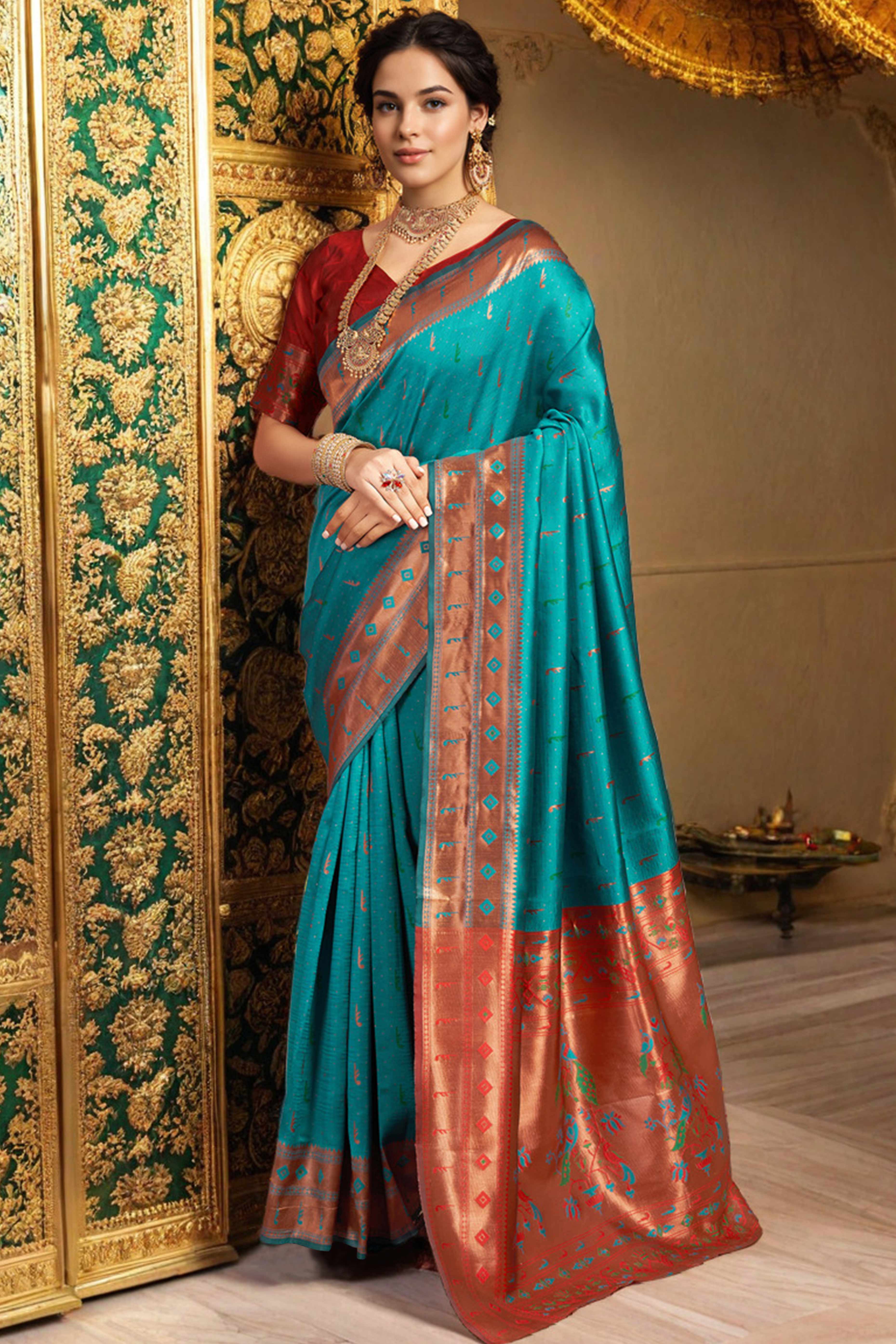Rama Blue Silk Blend Paithani Saree Adorned With Zari Weaving & Peacock Motif Pallu
