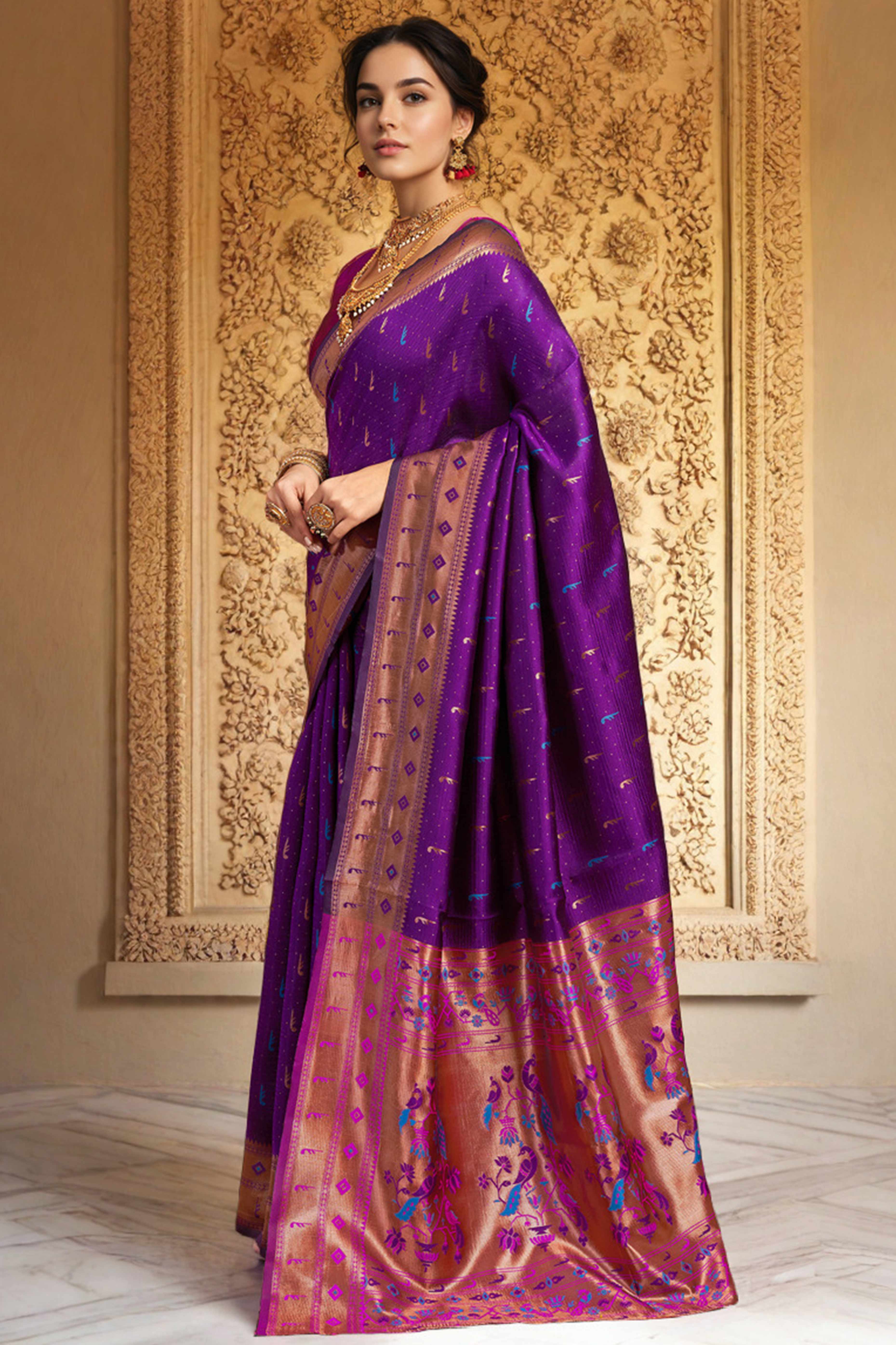 Purple Silk Blend Paithani Saree Adorned With Zari Weaving & Peacock Motif Pallu