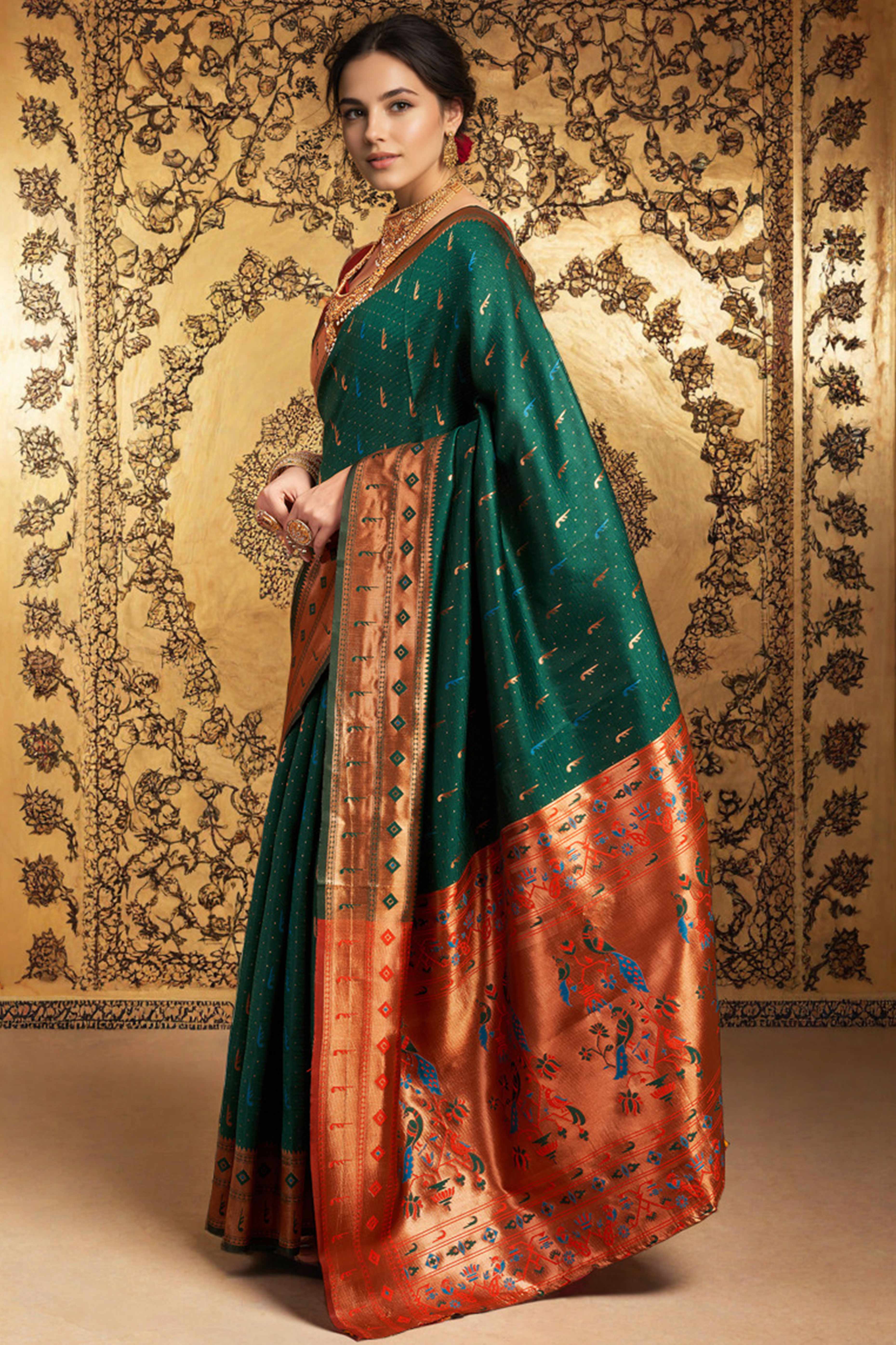 Green Silk Blend Paithani Saree Adorned With Zari Weaving & Peacock Motif Pallu