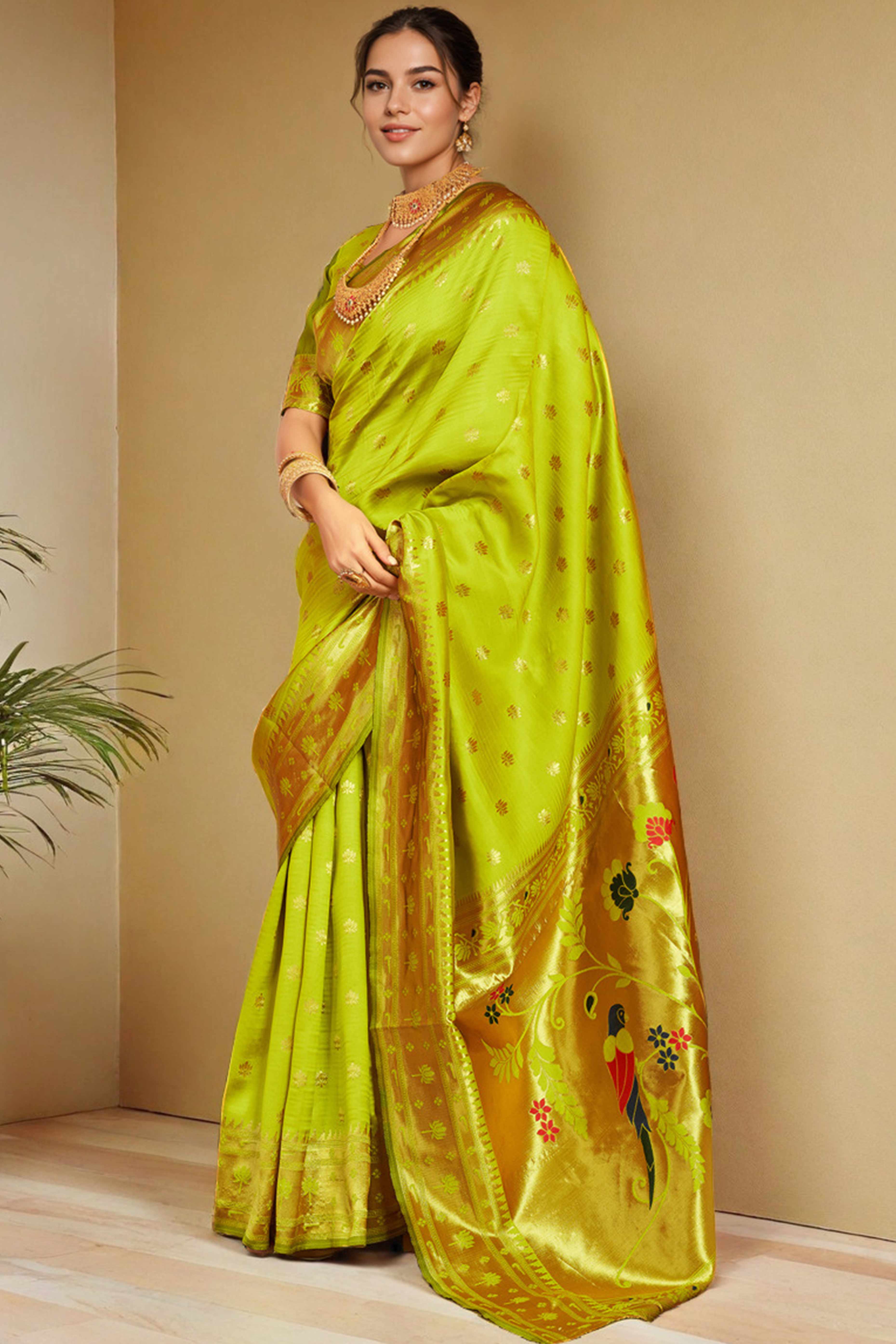 Lime Green Weaving Silk Blend Paithani Saree With Floral & Parrot Motif Pallu