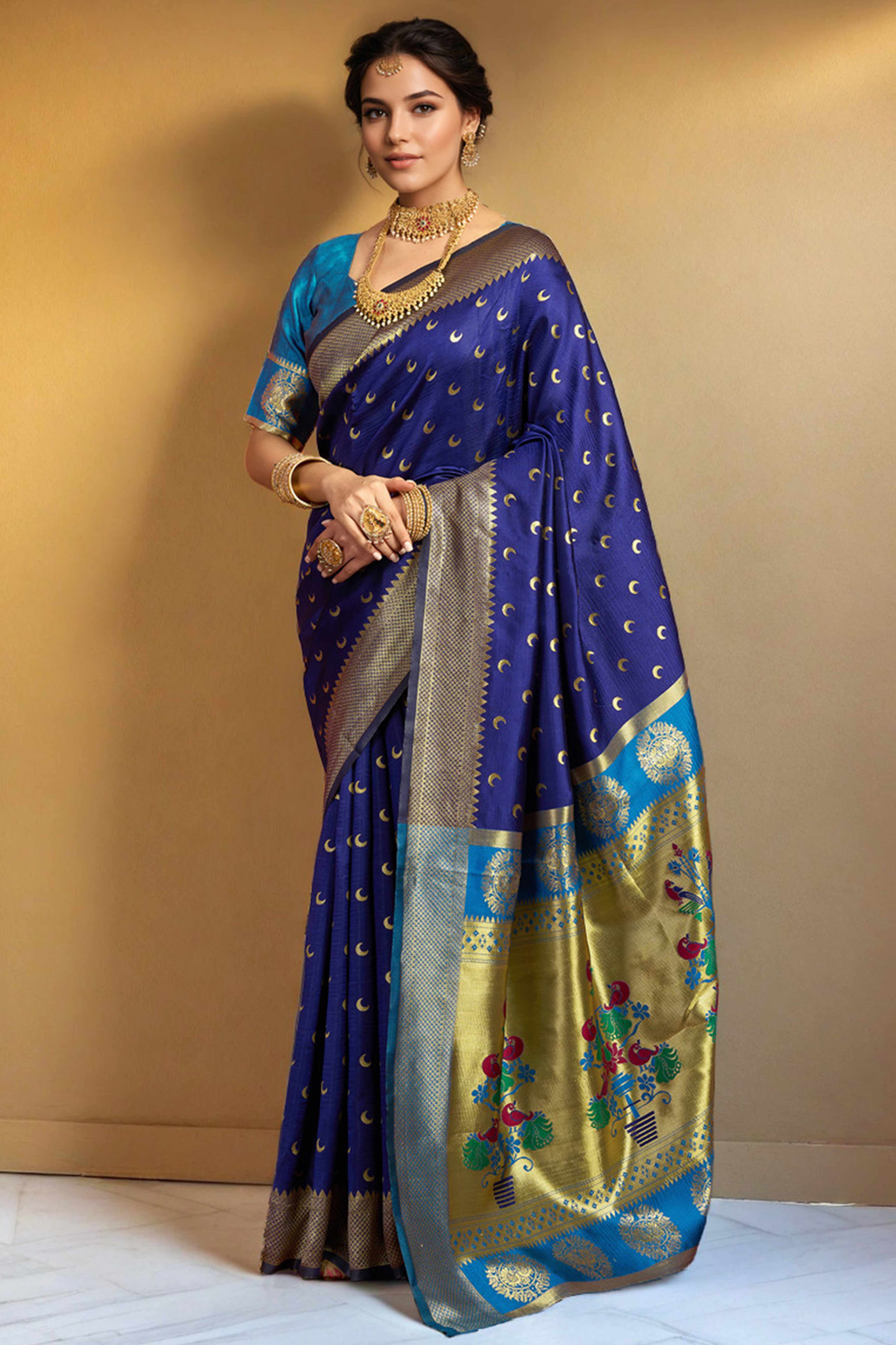 Navy Blue Chandrakor Paithani Silk Blend Saree With Intricate Zari Weaving