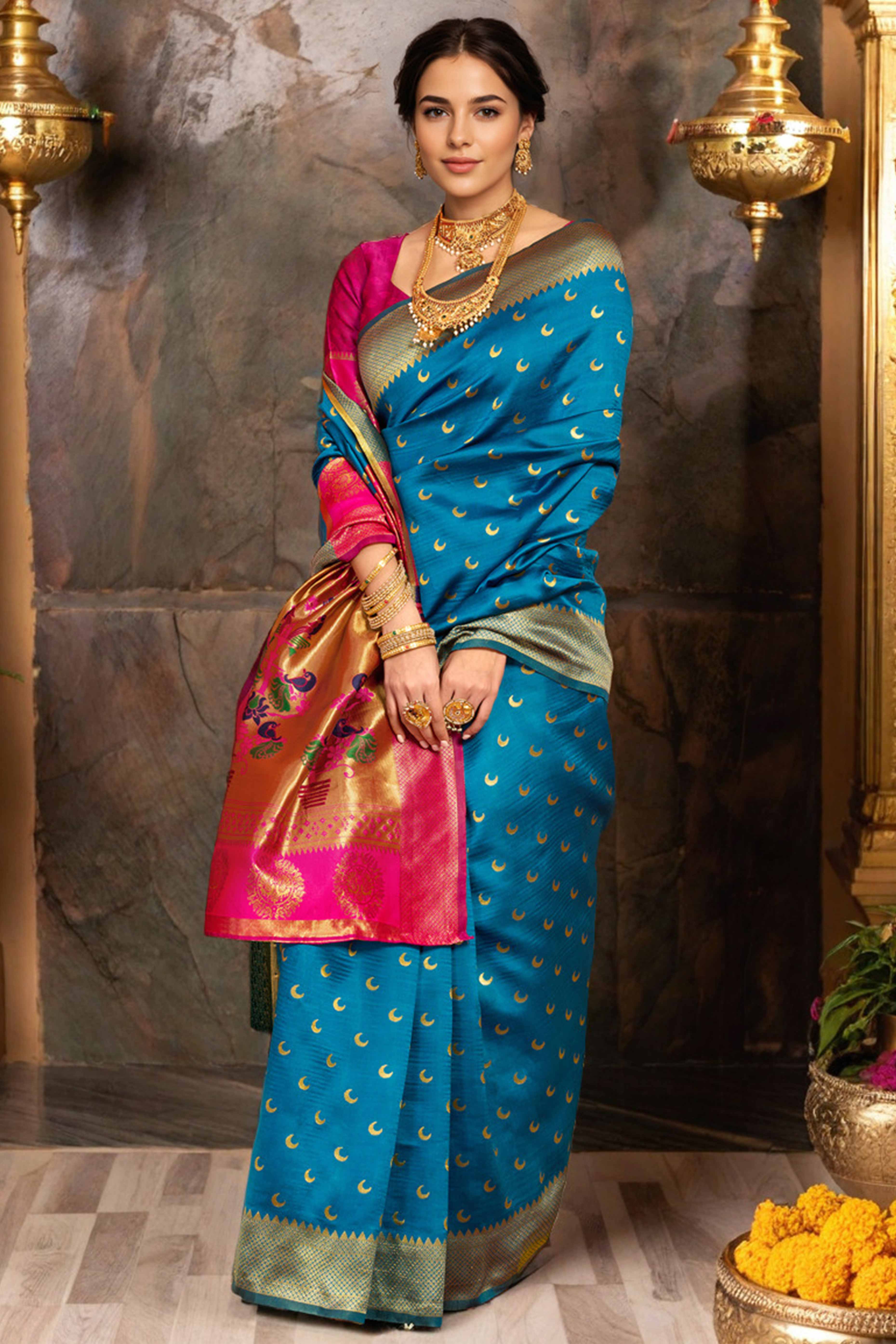 Blue Chandrakor Paithani Silk Blend Saree With Intricate Zari Weaving