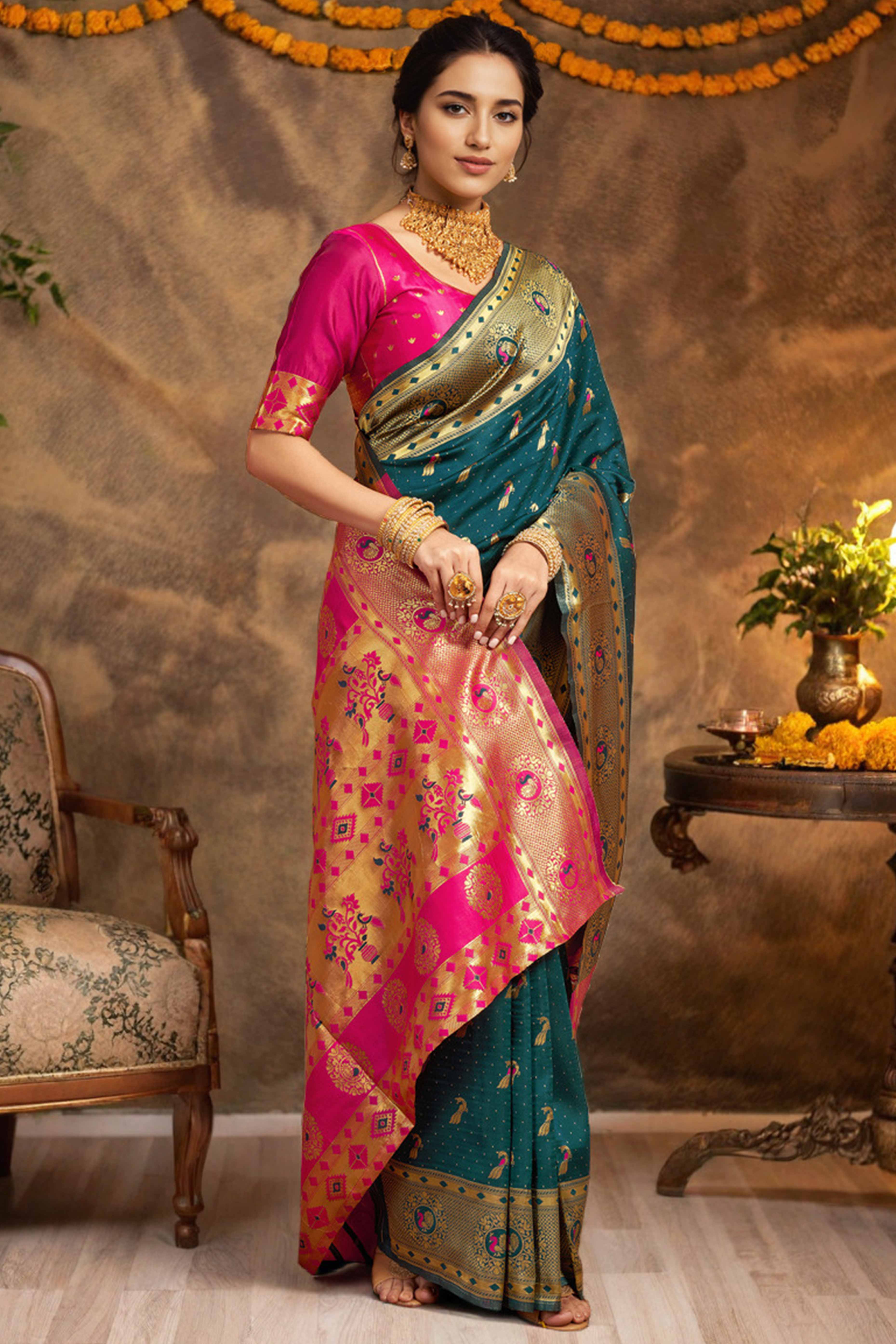 Teal Paithani Silk Blend Saree Featuring Intricate Zari Peacock & Floral Weaving