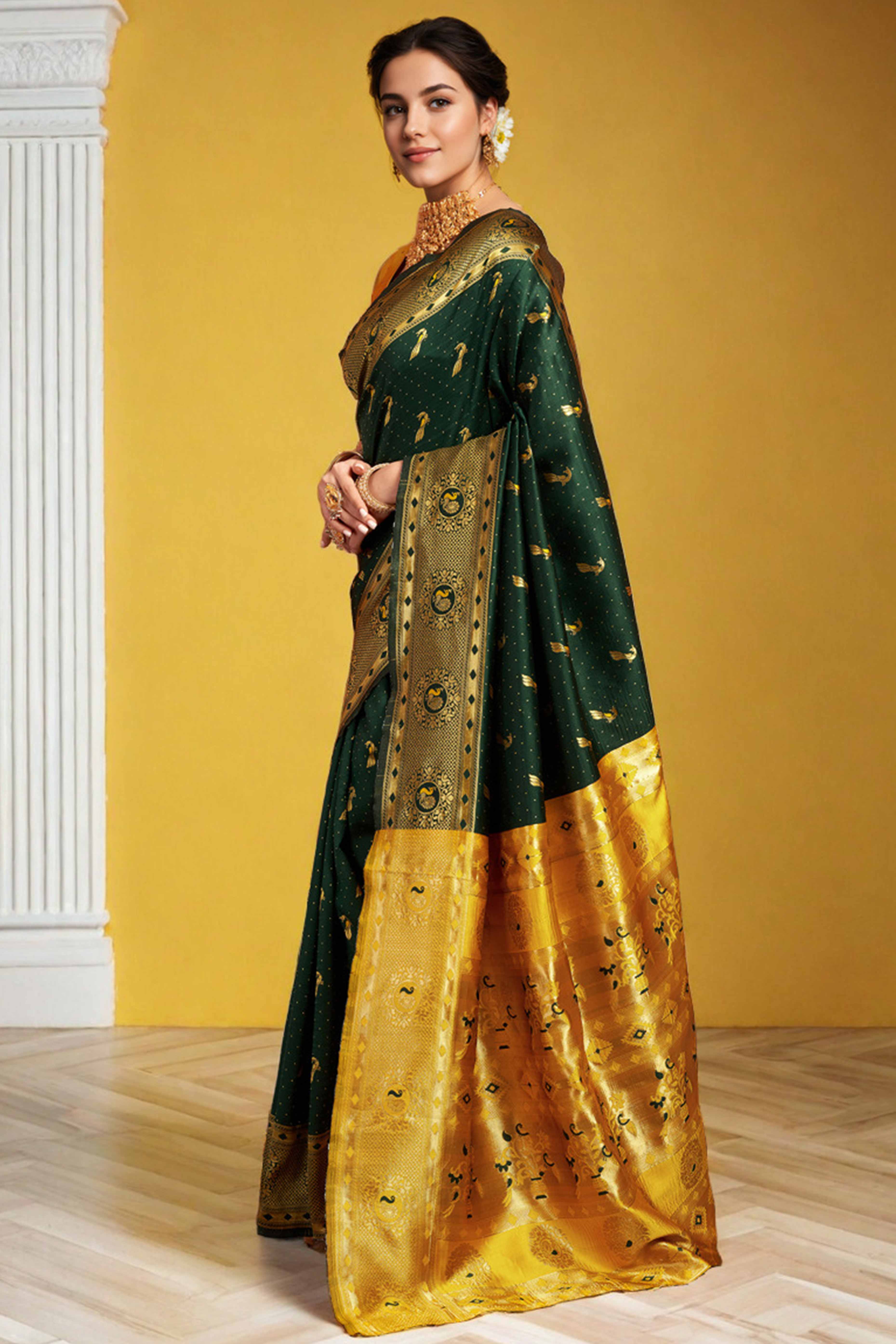 Green Paithani Silk Blend Saree Featuring Intricate Zari Peacock & Floral Weaving