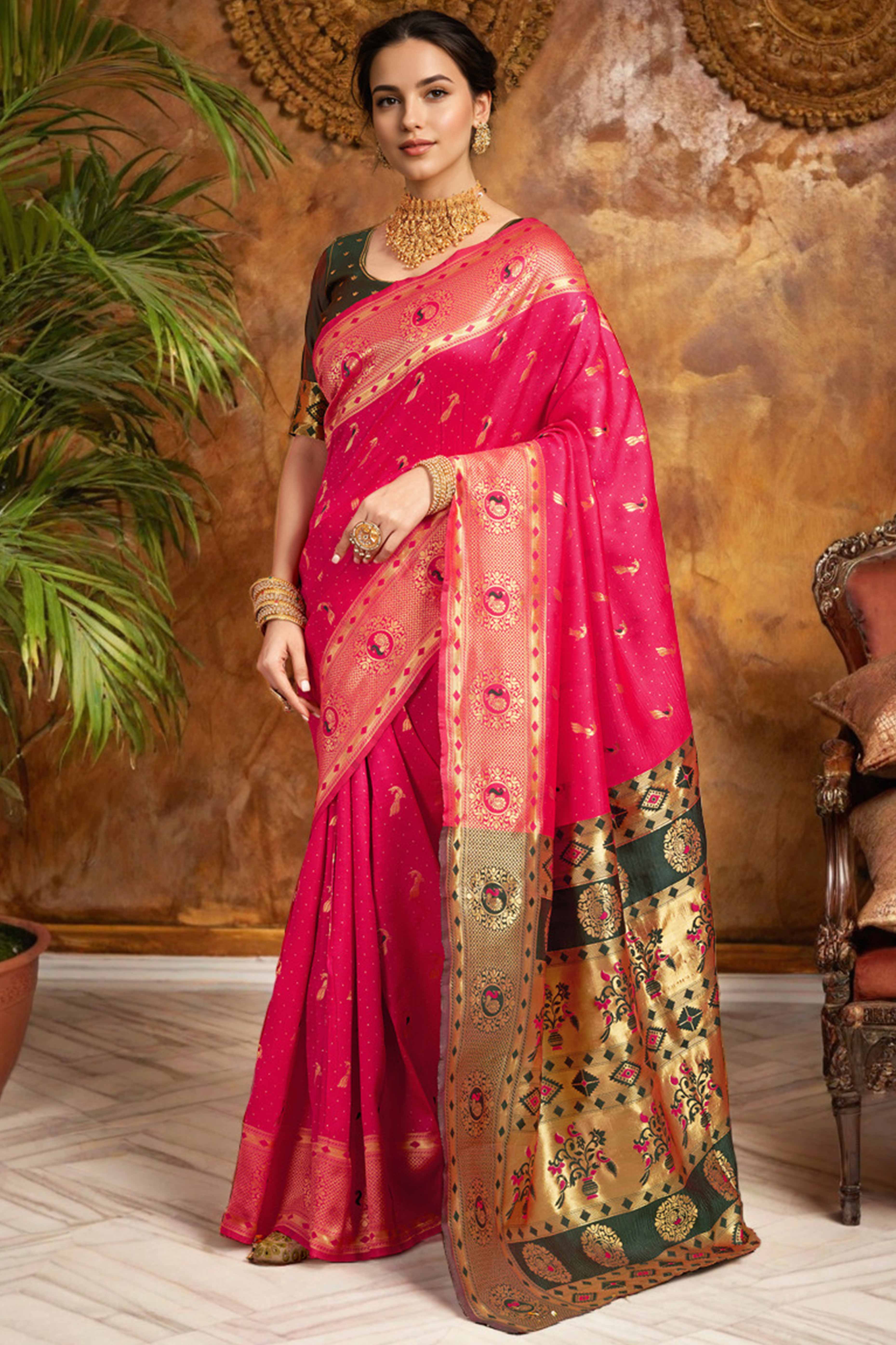 Pink Paithani Silk Blend Saree Featuring Intricate Zari Peacock & Floral Weaving