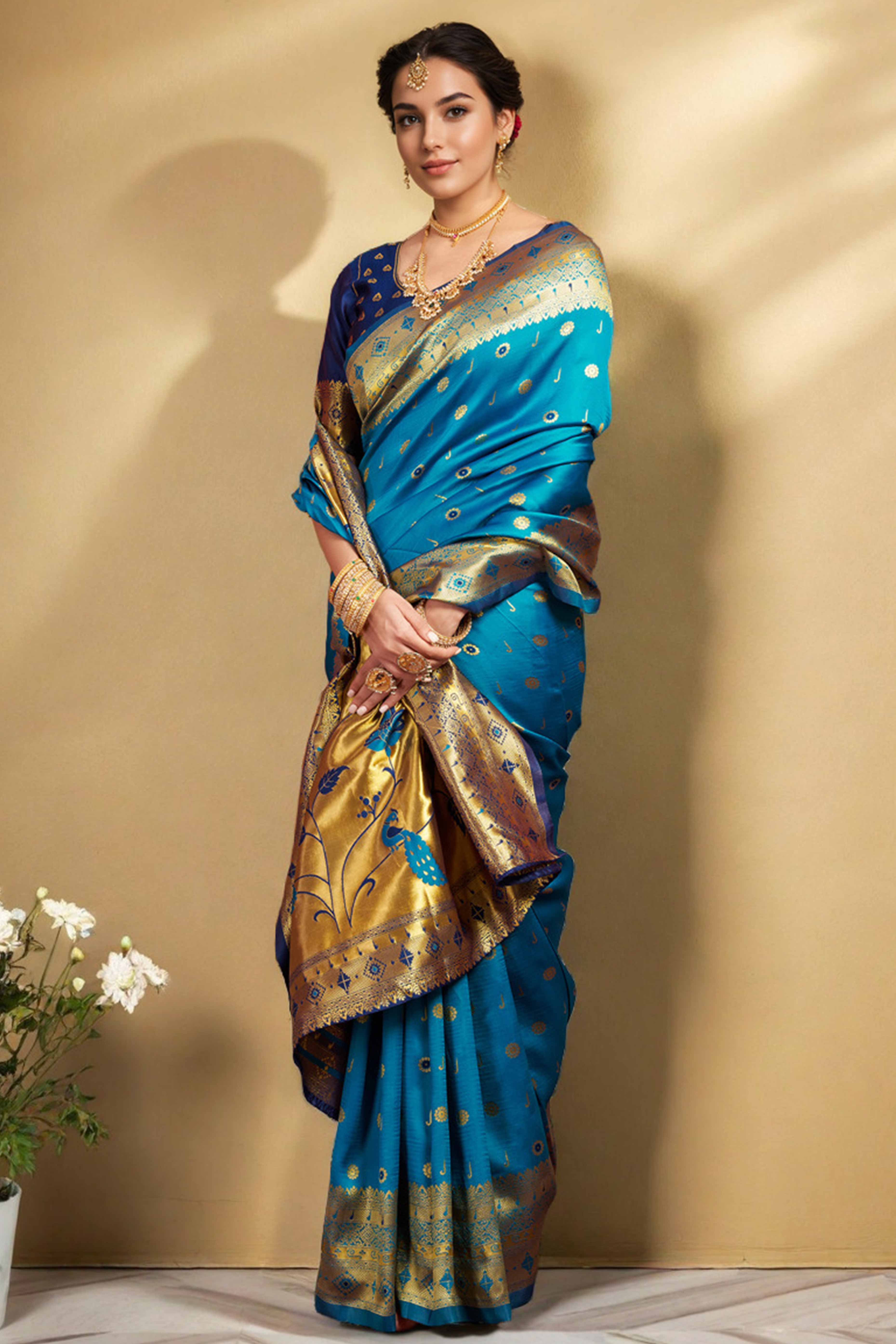 Blue Silk Blend Saree With Traditional Paithani Zari Weaving Of Peacock & Floral Designs
