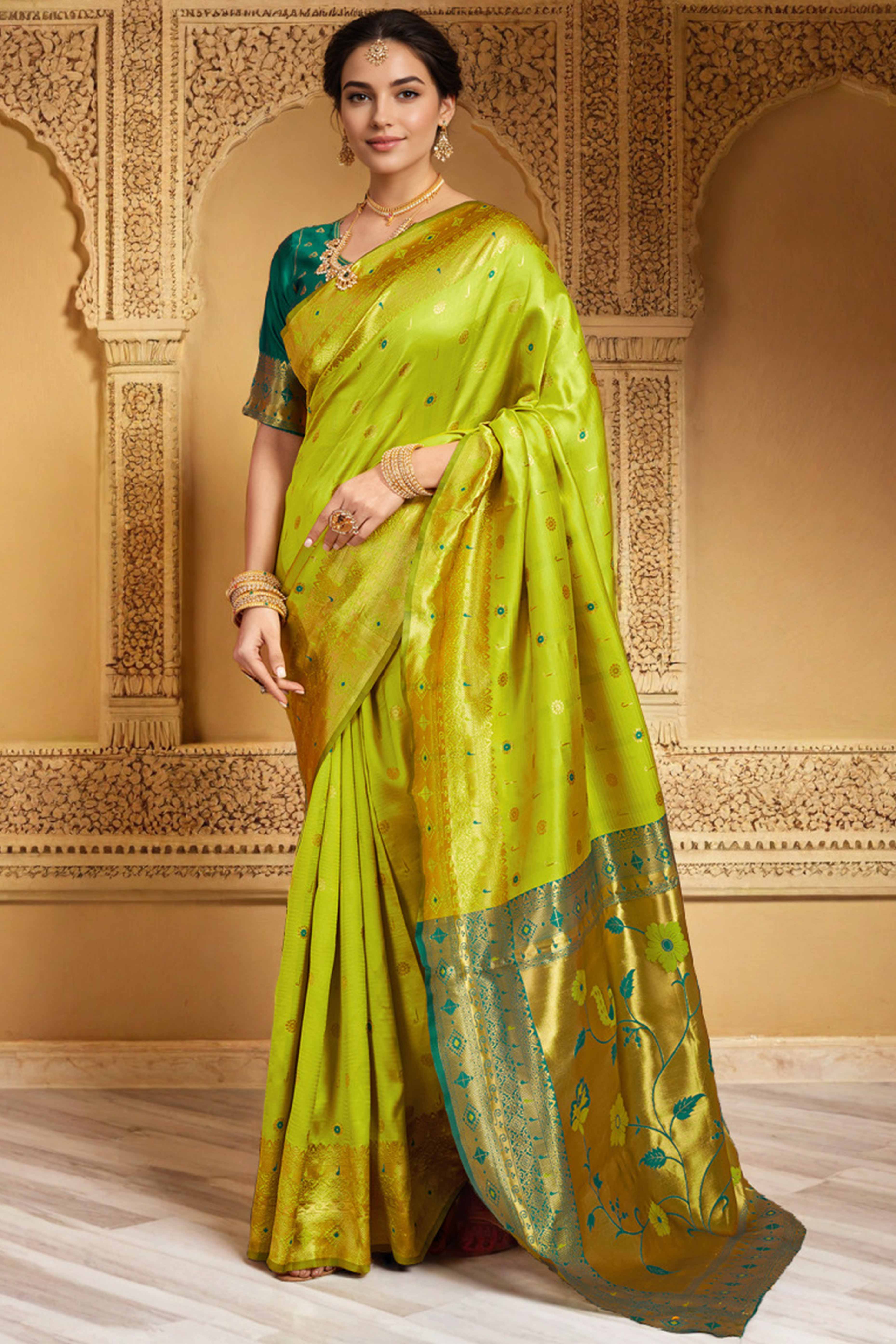 Green Silk Blend Saree With Traditional Paithani Zari Weaving Of Peacock & Floral Designs