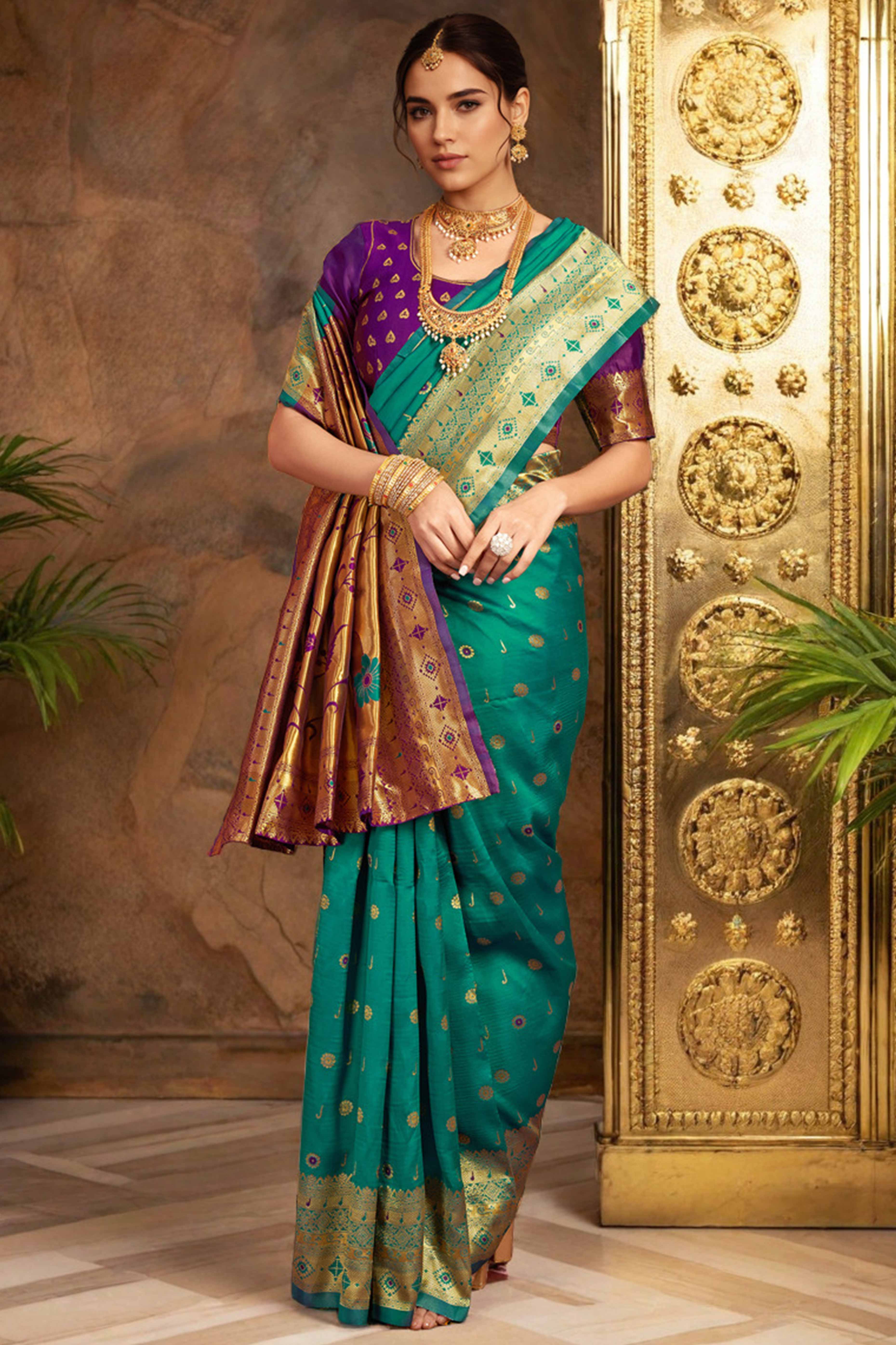 Rama Green Silk Blend Saree With Traditional Paithani Zari Weaving Of Peacock & Floral Designs