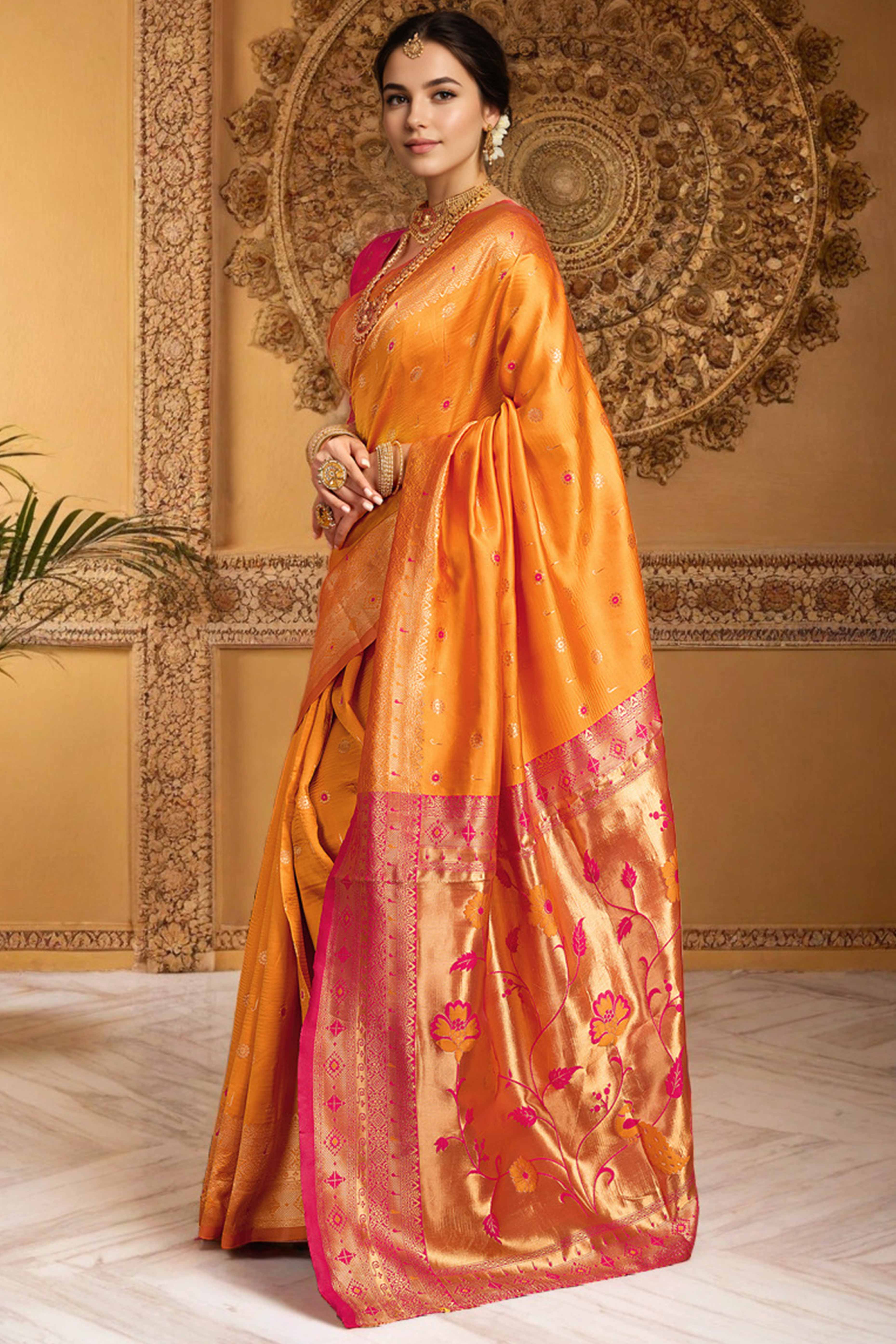 Orange Silk Blend Saree With Traditional Paithani Zari Weaving Of Peacock & Floral Designs