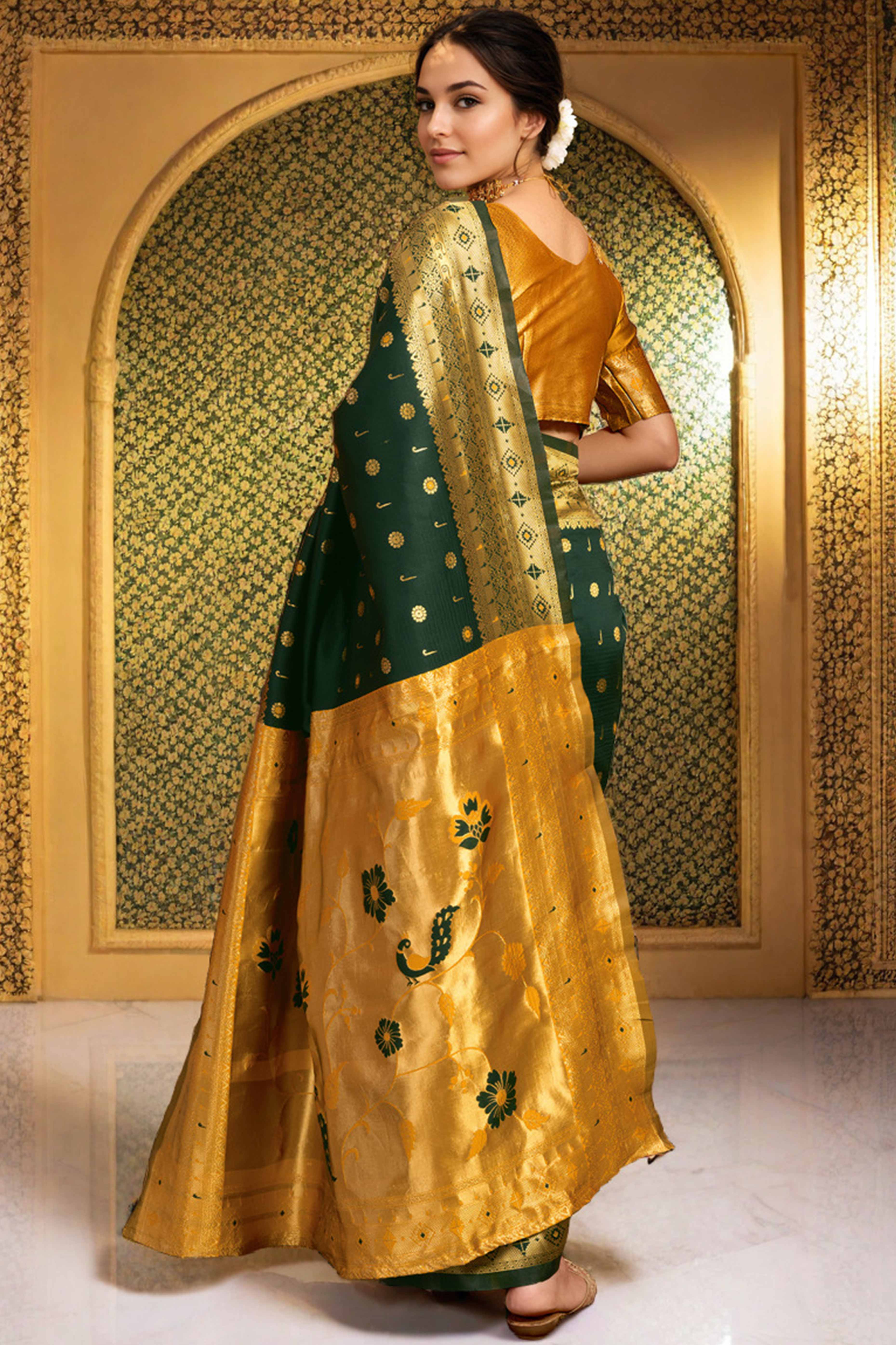 Dark Green Silk Blend Saree With Traditional Paithani Zari Weaving Of Peacock & Floral Designs