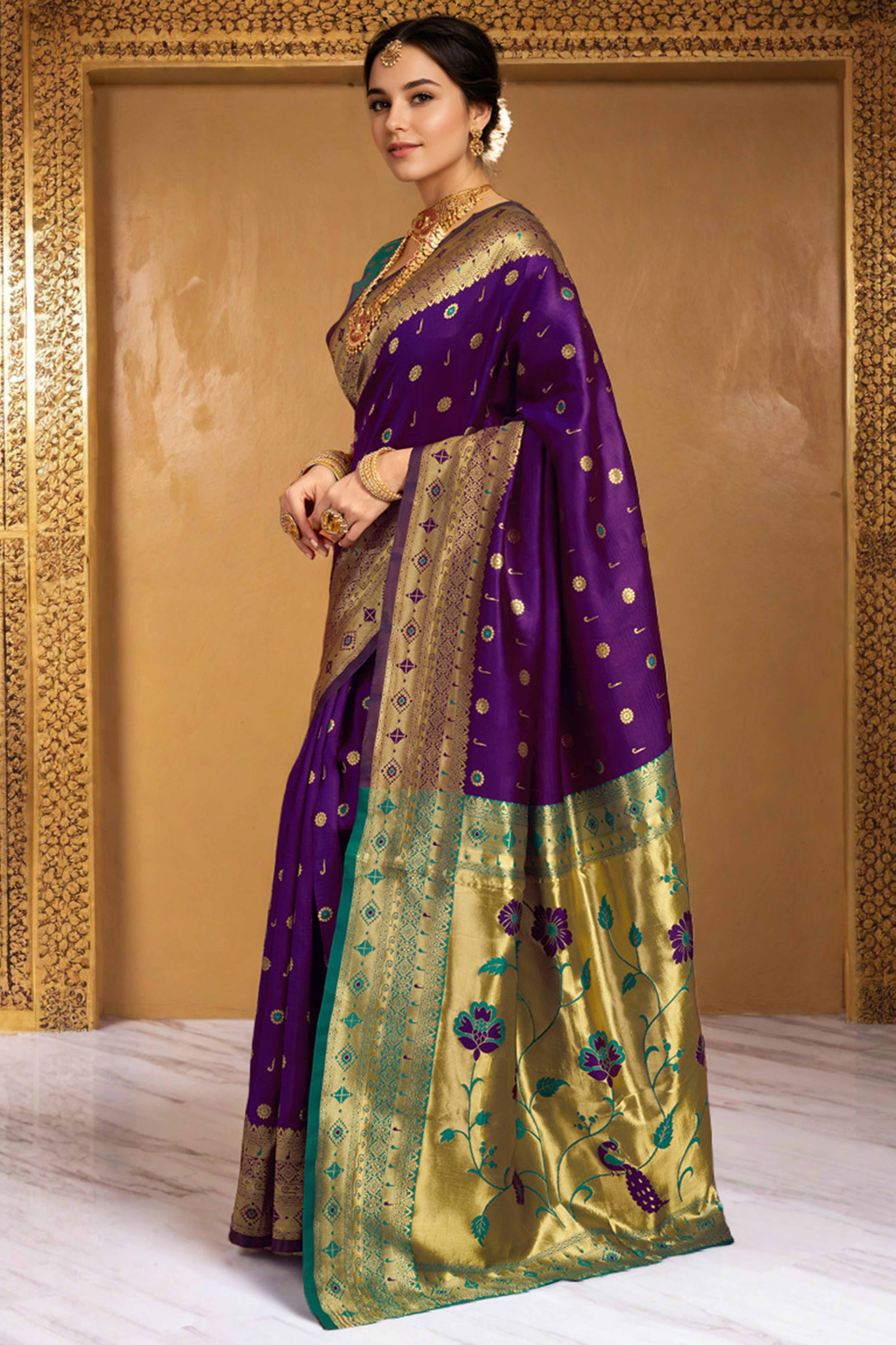 Purple Silk Blend Saree With Traditional Paithani Zari Weaving Of Peacock & Floral Designs