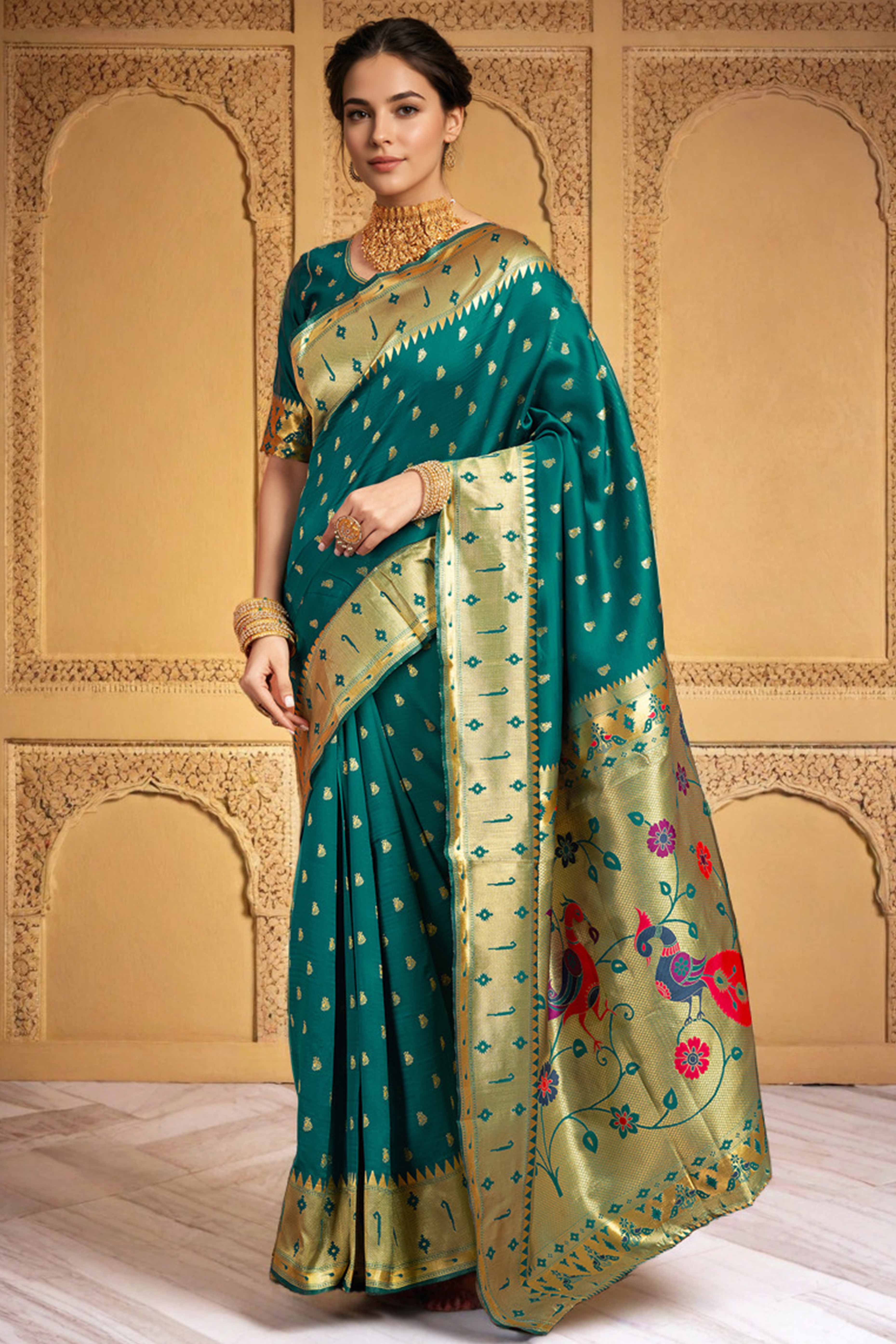 Teal Green Paithani Saree In Silk Blend Highlighted With Zari Woven Peacock & Floral Motifs