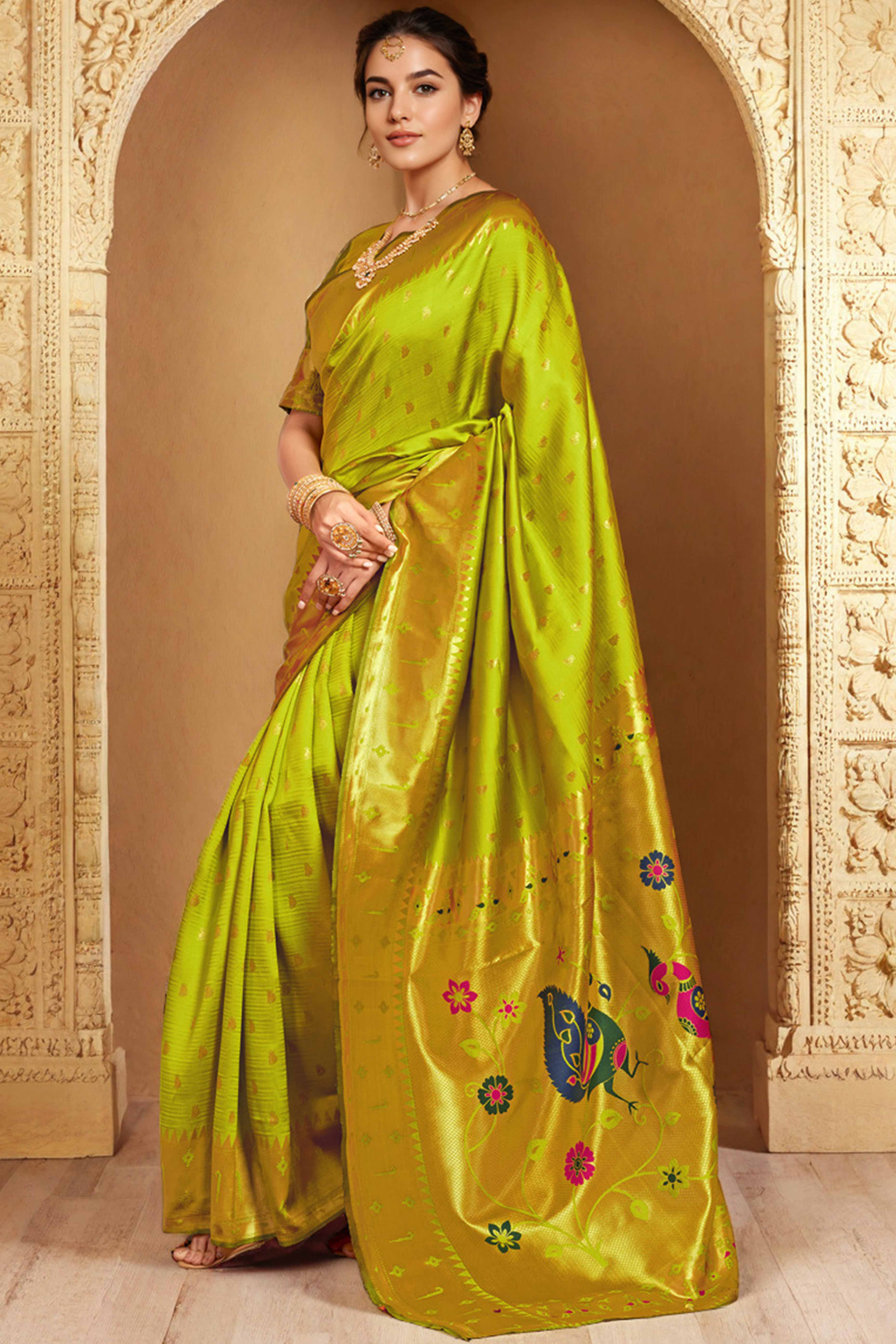 Lime Green Paithani Saree In Silk Blend Highlighted With Zari Woven Peacock & Floral Motifs