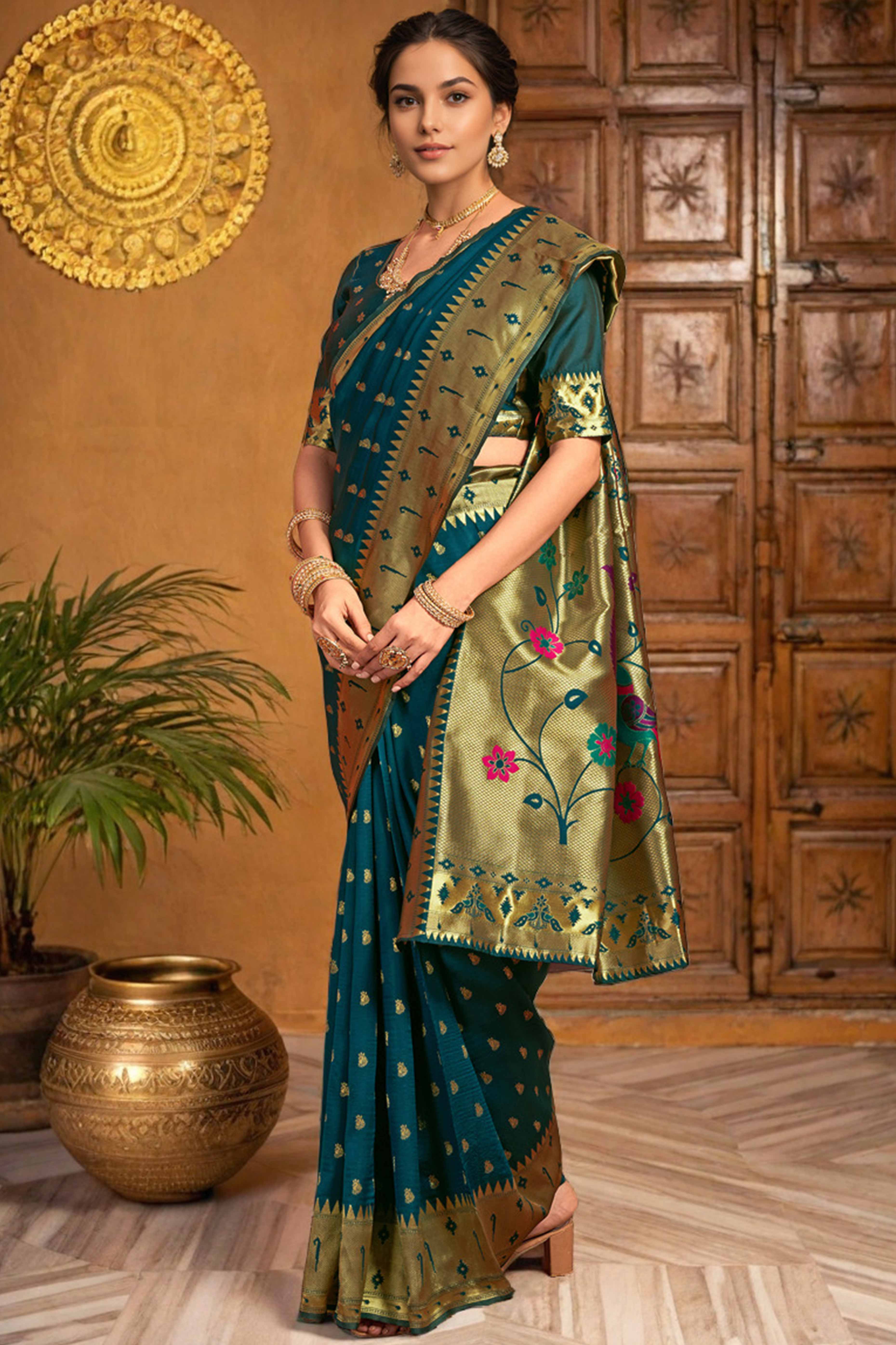 Deep Teal Blue Paithani Saree In Silk Blend Highlighted With Zari Woven Peacock & Floral Motifs