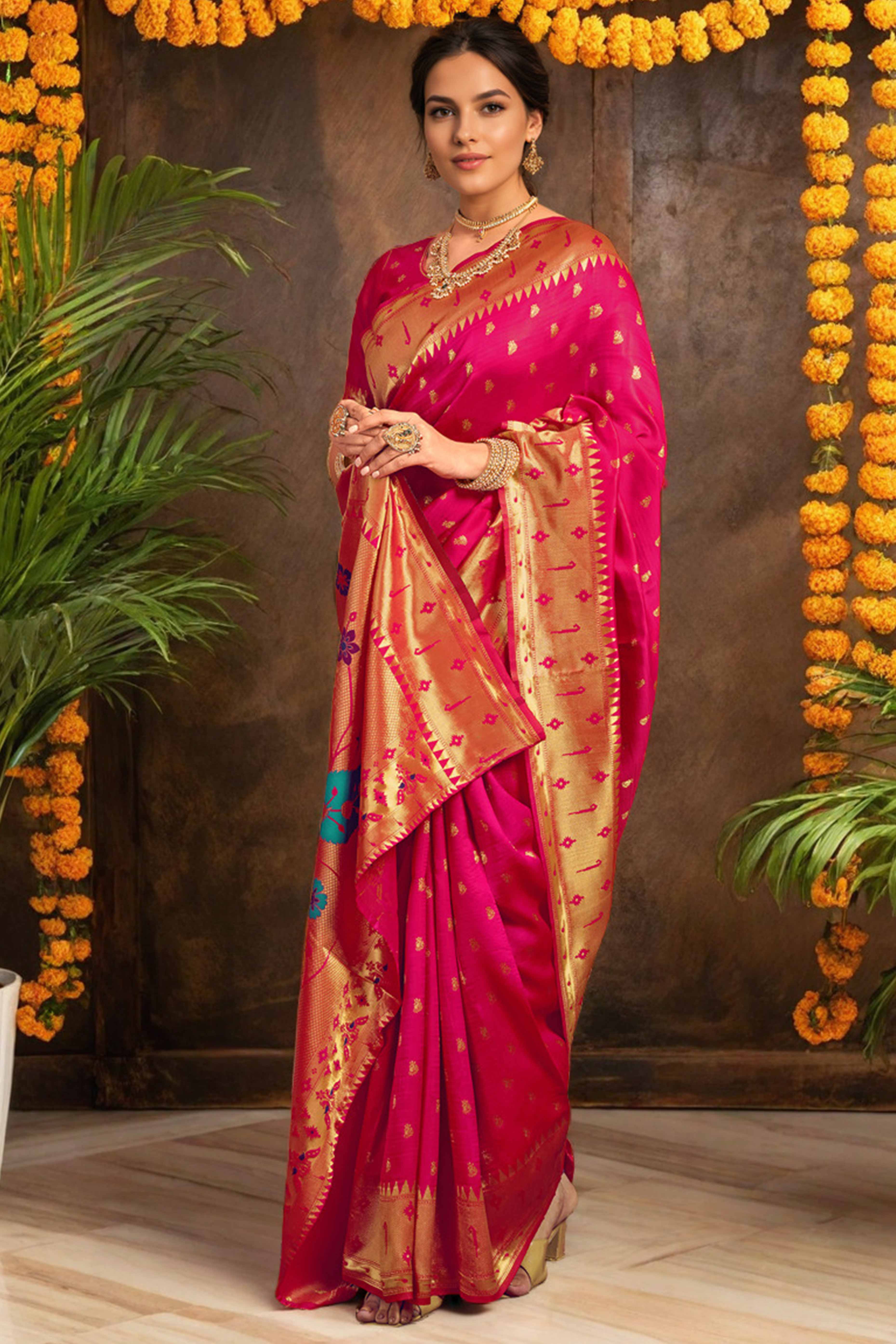 Pink Paithani Saree In Silk Blend Highlighted With Zari Woven Peacock & Floral Motifs