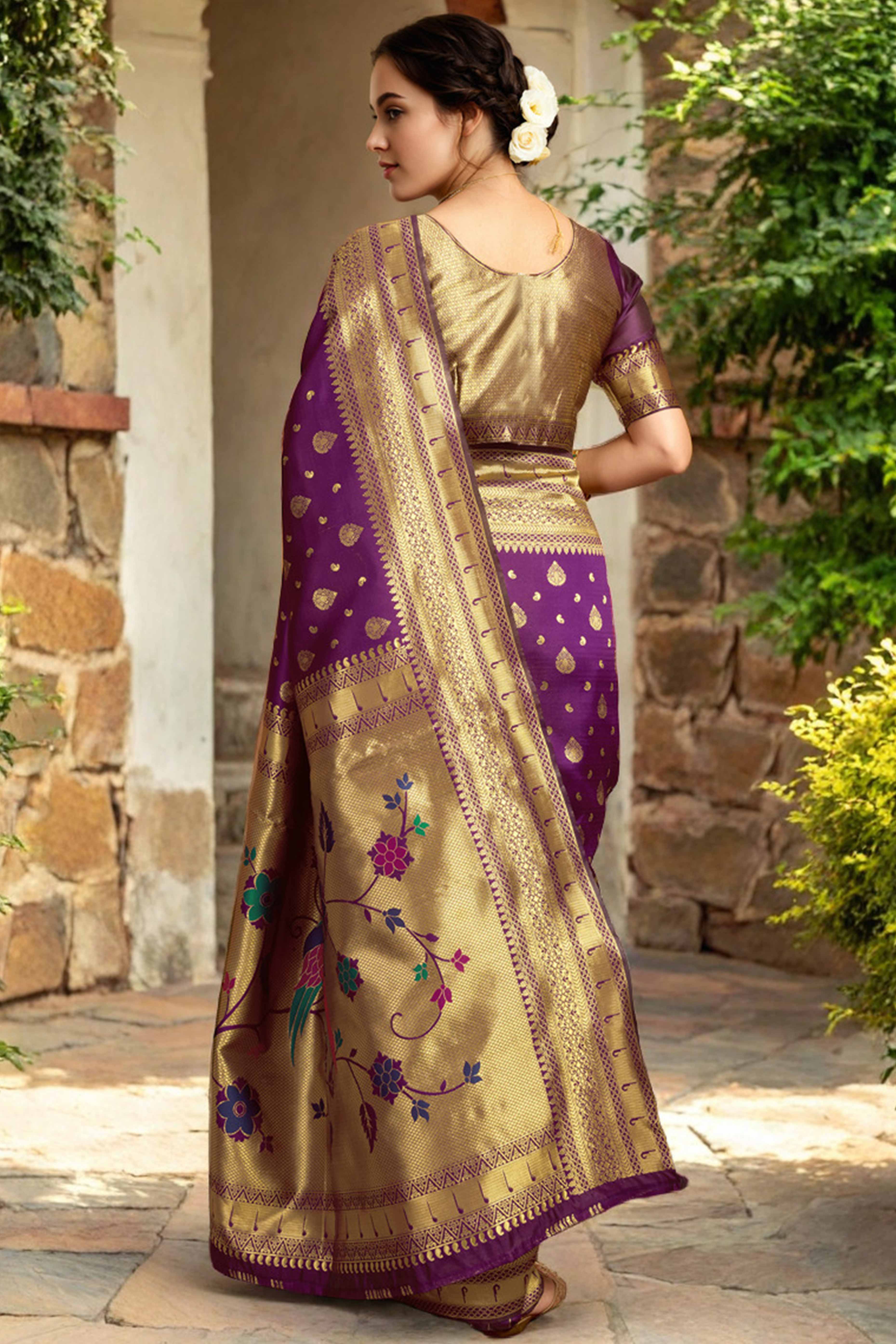 Purple Silk Blend Paithani Saree Showcasing Rich Zari Weaving With Birds & Floral Accents