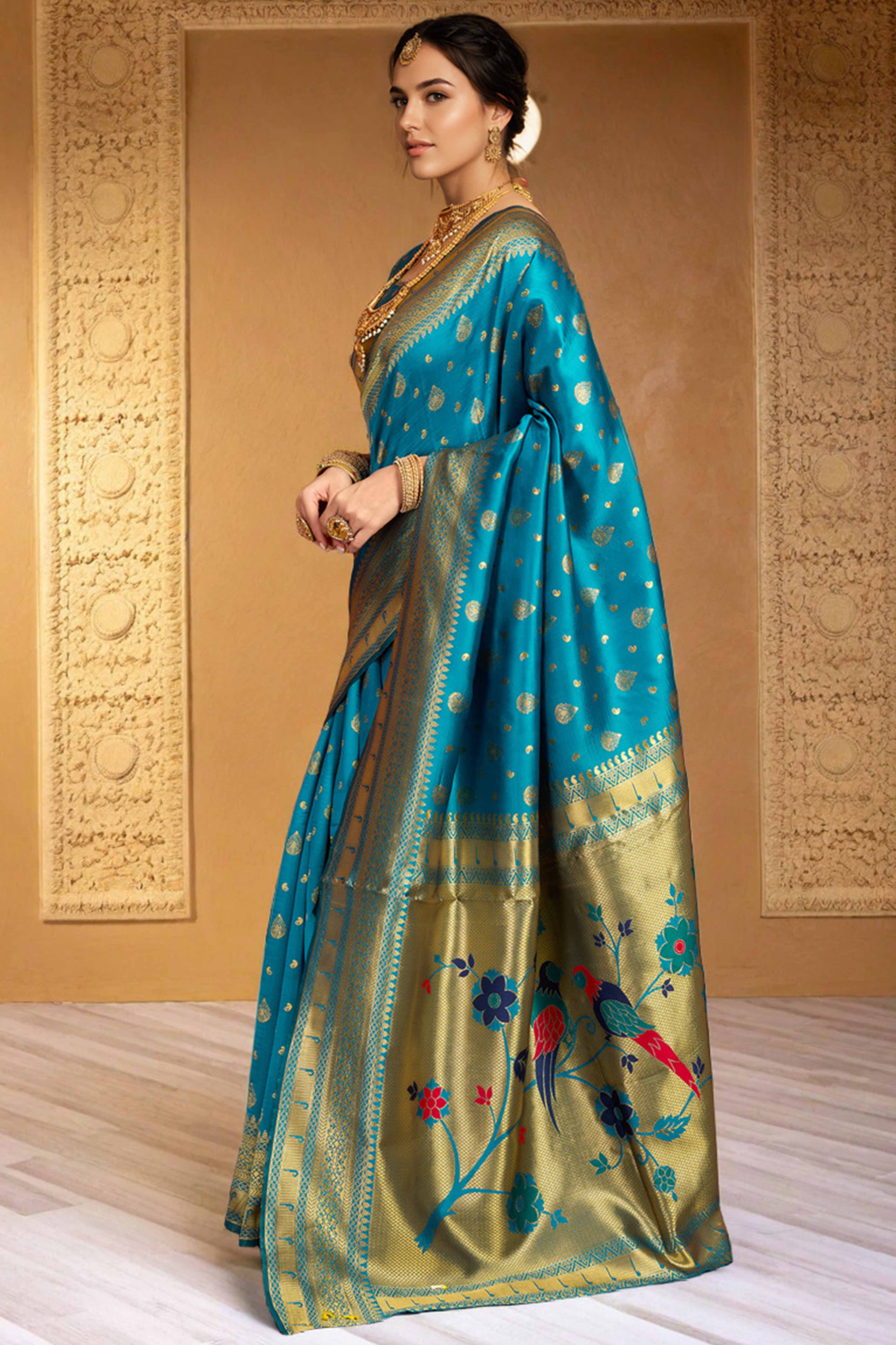 Blue Silk Blend Paithani Saree Showcasing Rich Zari Weaving With Birds & Floral Accents
