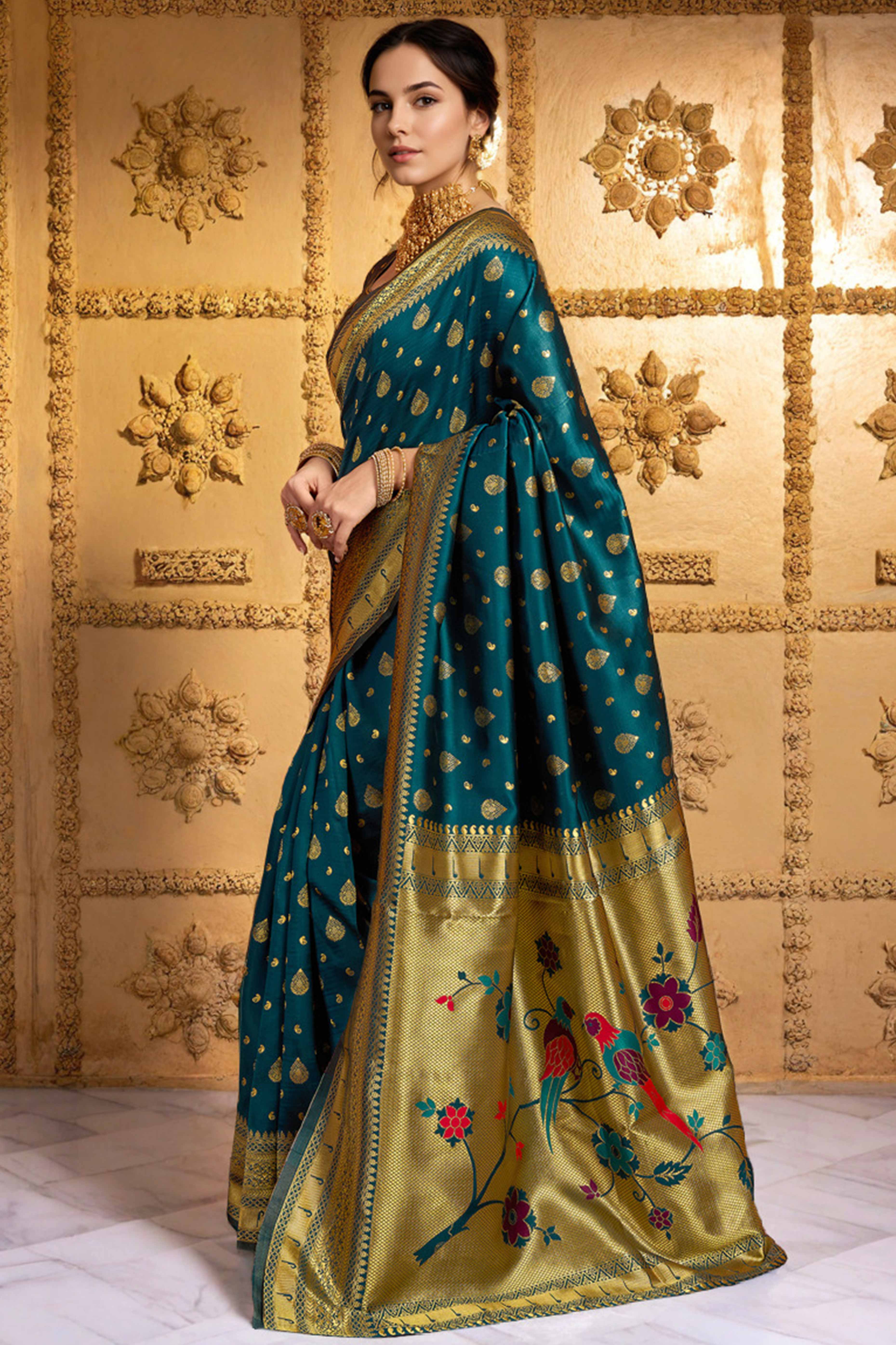 Morpich Blue Silk Blend Paithani Saree Showcasing Rich Zari Weaving With Birds & Floral Accents