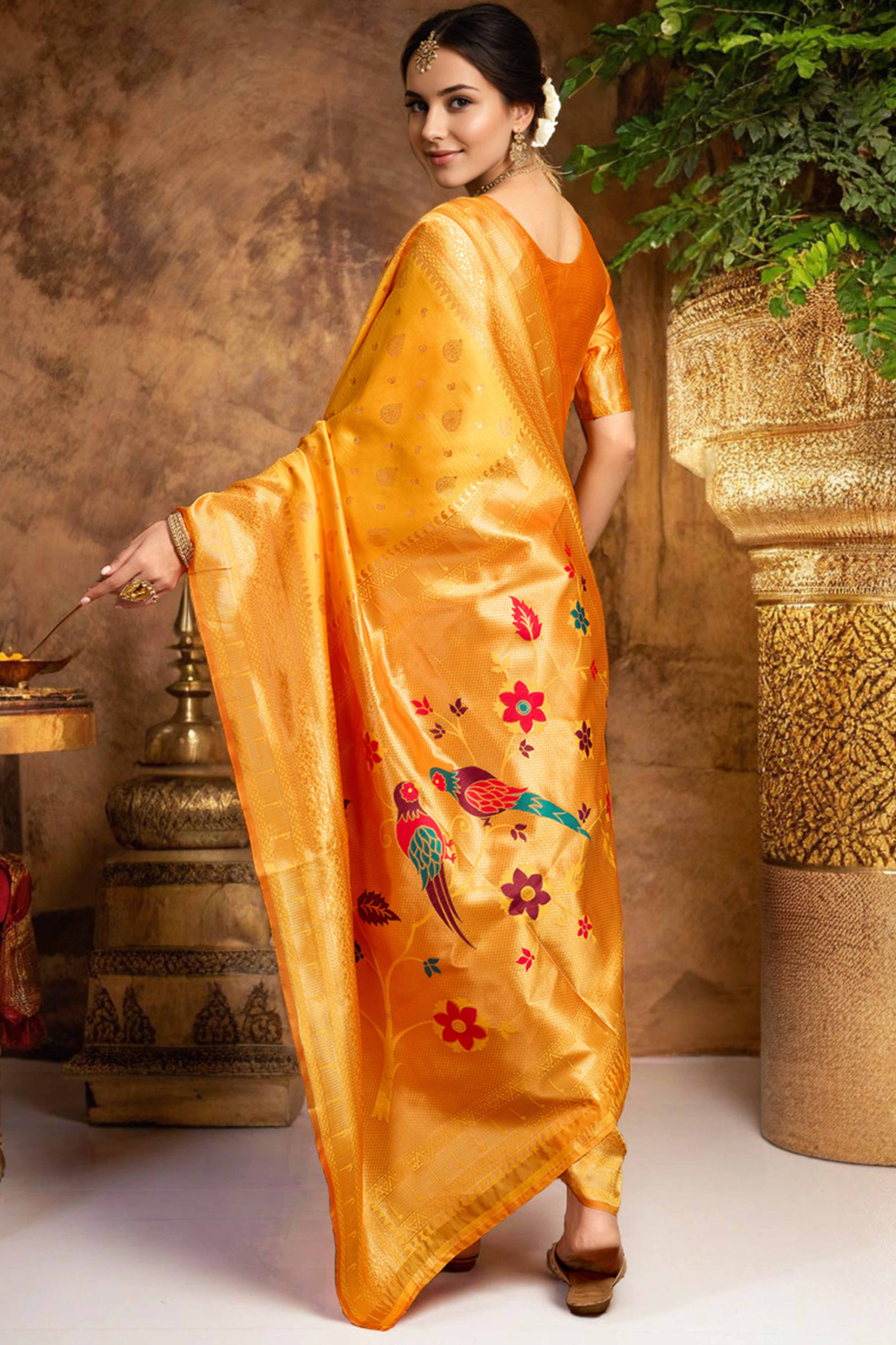 Orange Silk Blend Paithani Saree Showcasing Rich Zari Weaving With Birds & Floral Accents