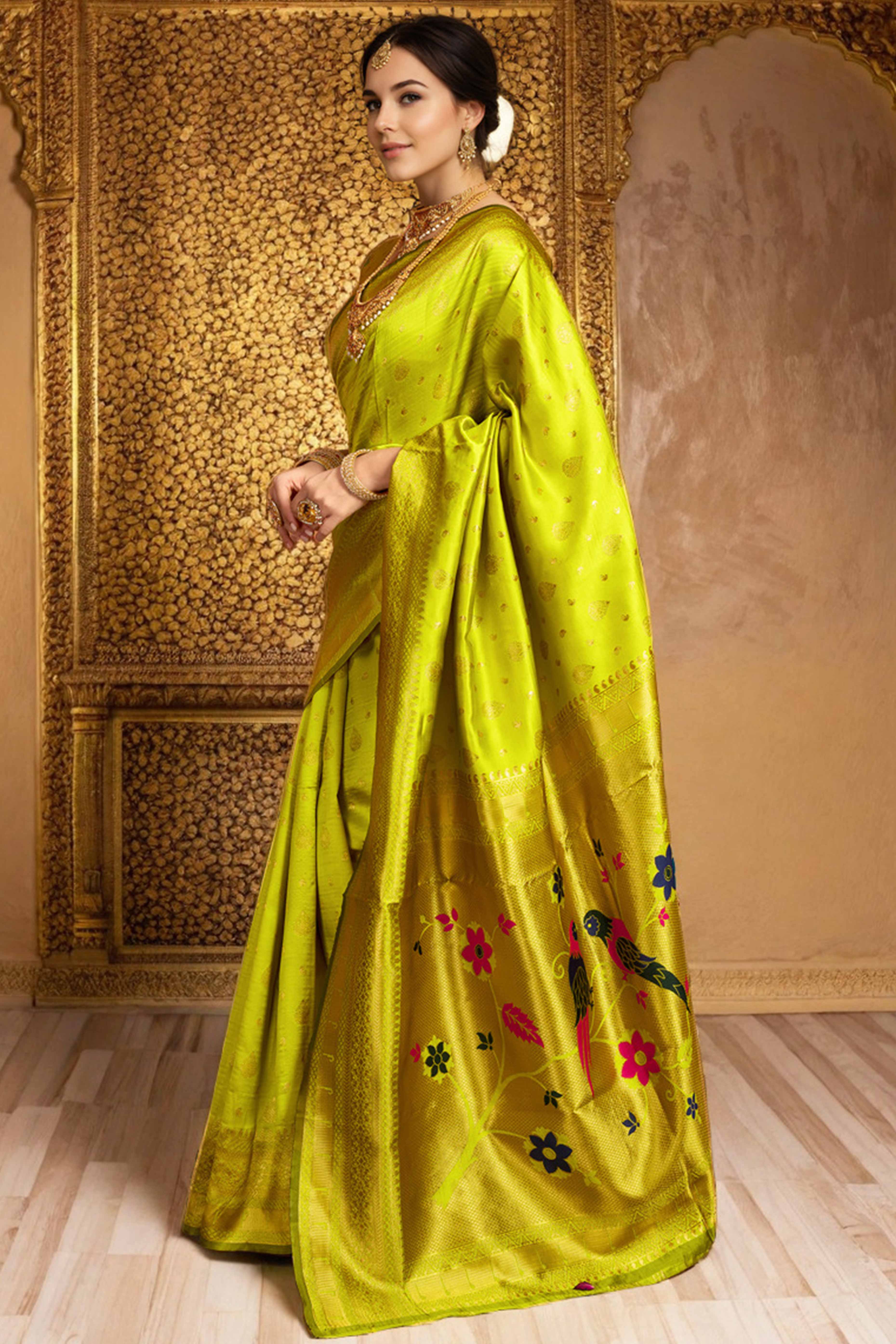 Lime Green Silk Blend Paithani Saree Showcasing Rich Zari Weaving With Birds & Floral Accents