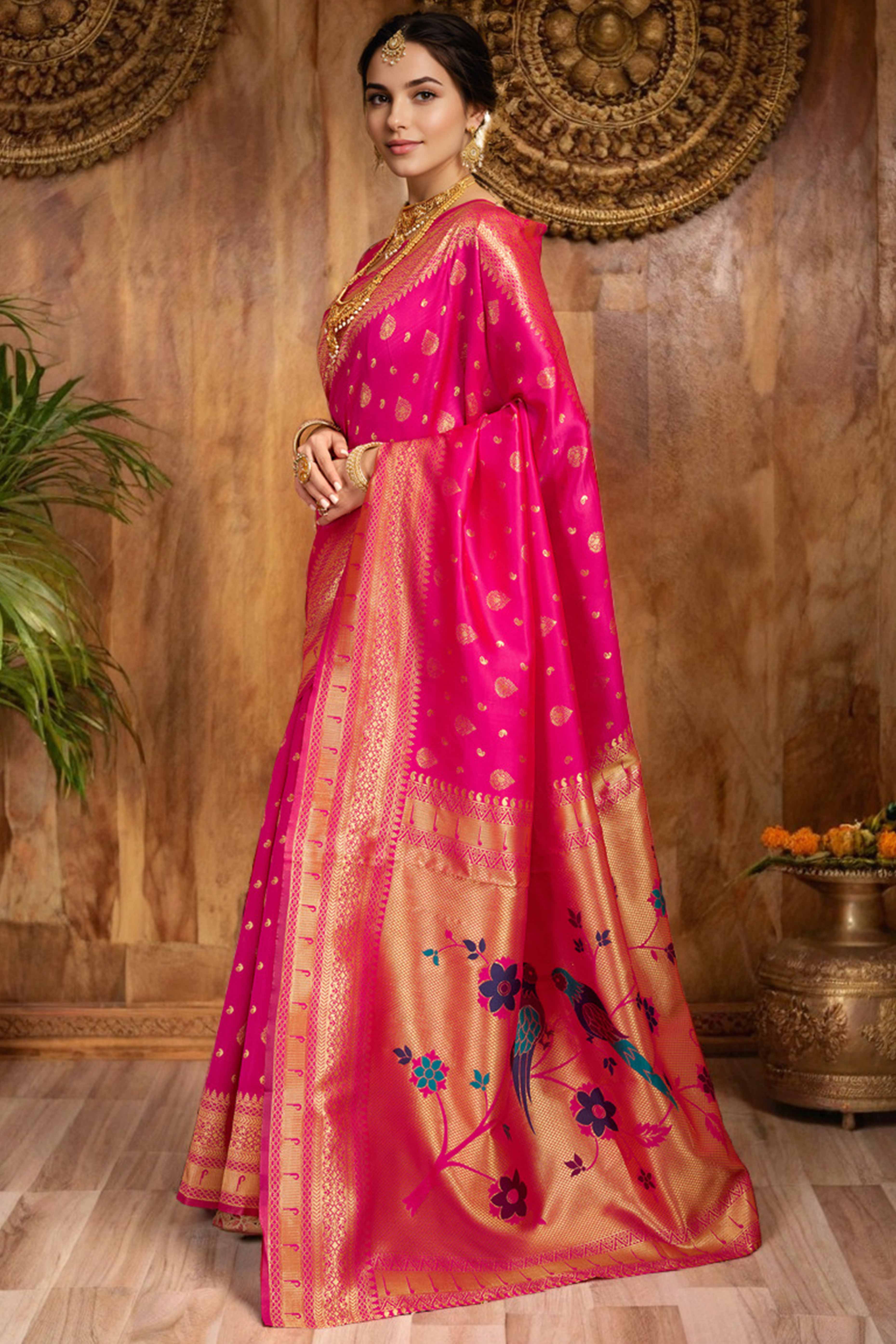 Pink Silk Blend Paithani Saree Showcasing Rich Zari Weaving With Birds & Floral Accents