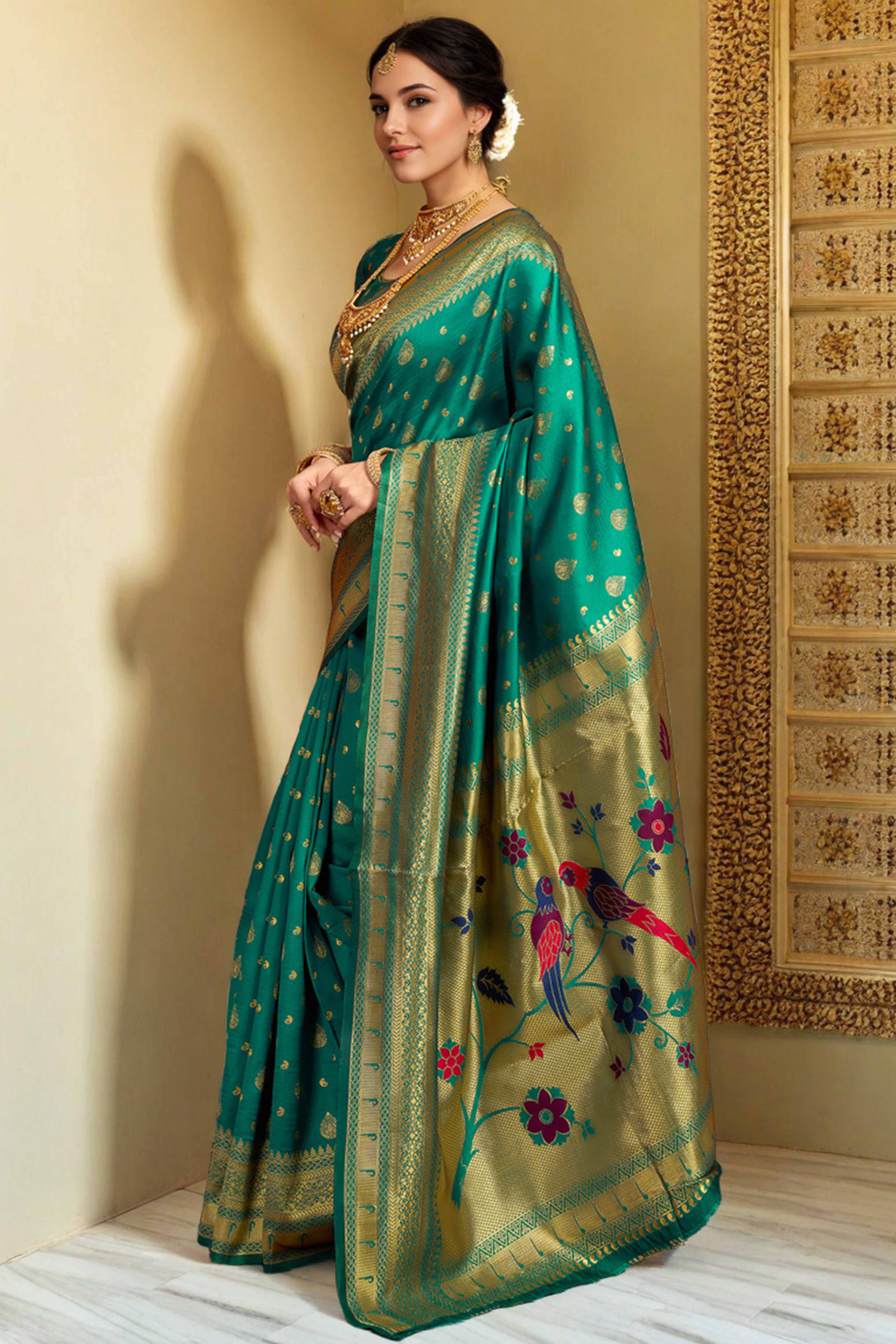 Rama Green Silk Blend Paithani Saree Showcasing Rich Zari Weaving With Birds & Floral Accents