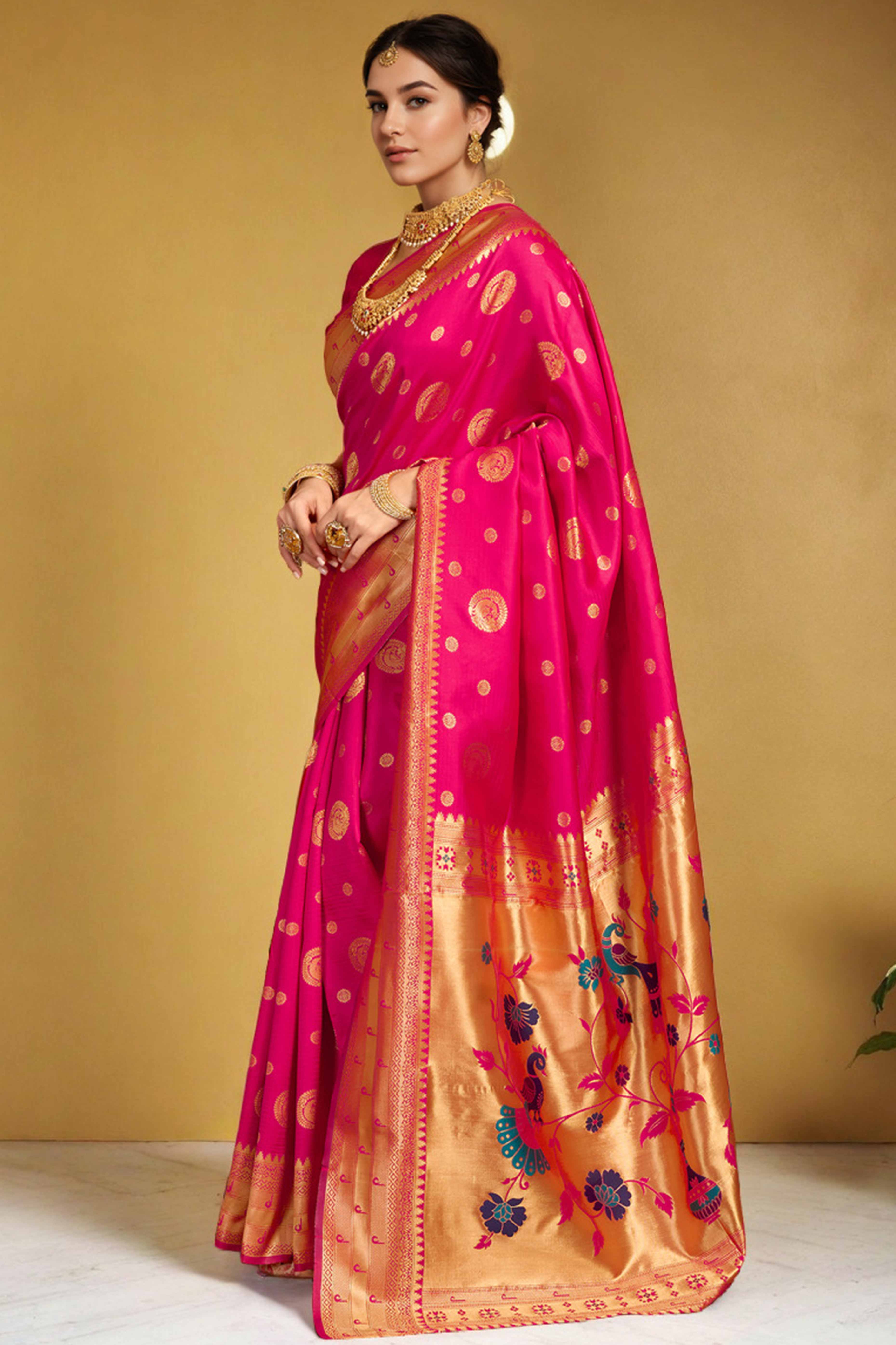 Pink Paithani Silk Blend Saree Embellished With Zari Peacock & Floral Woven Patterns