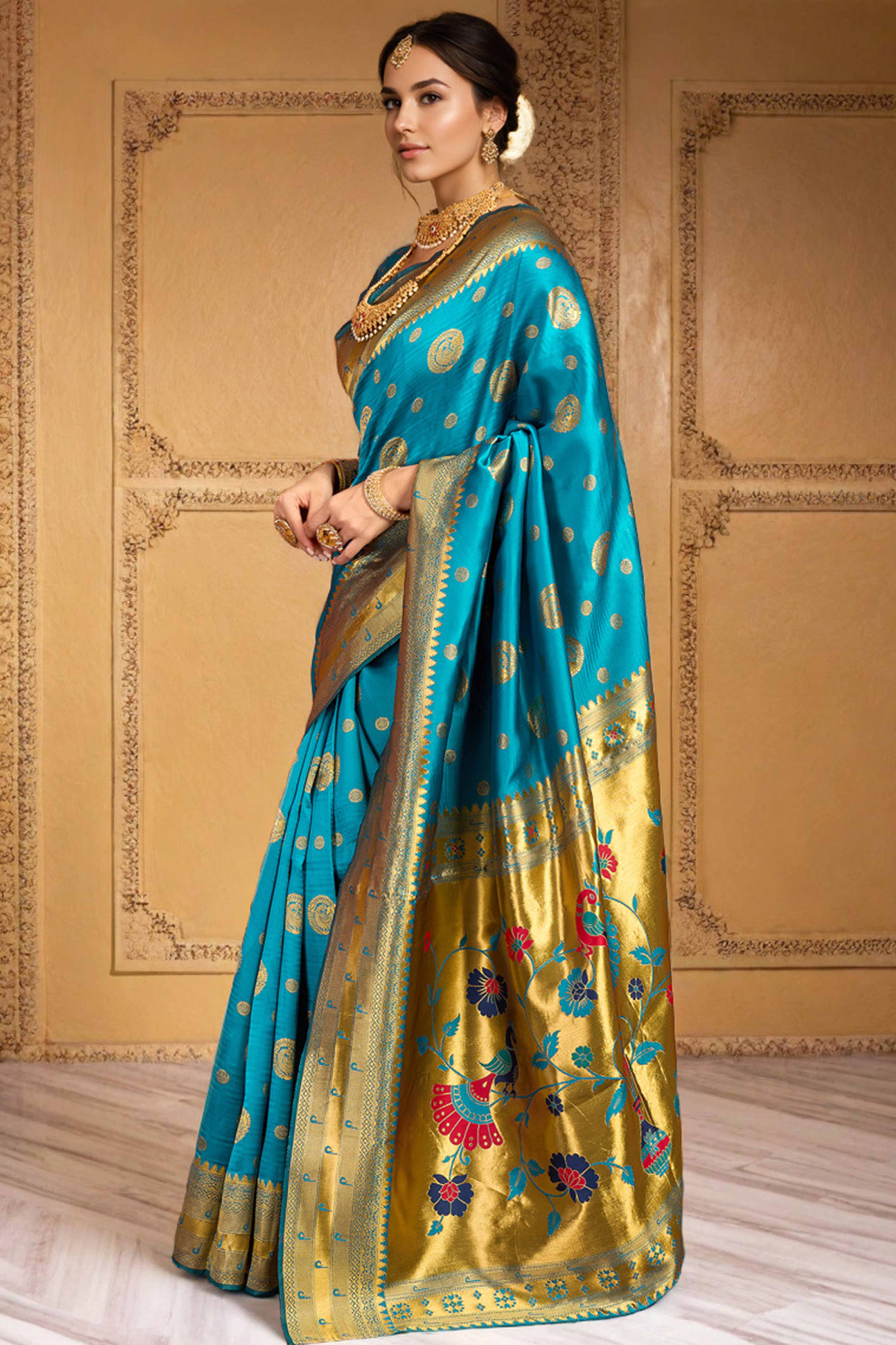 Blue Paithani Silk Blend Saree Embellished With Zari Peacock & Floral Woven Patterns