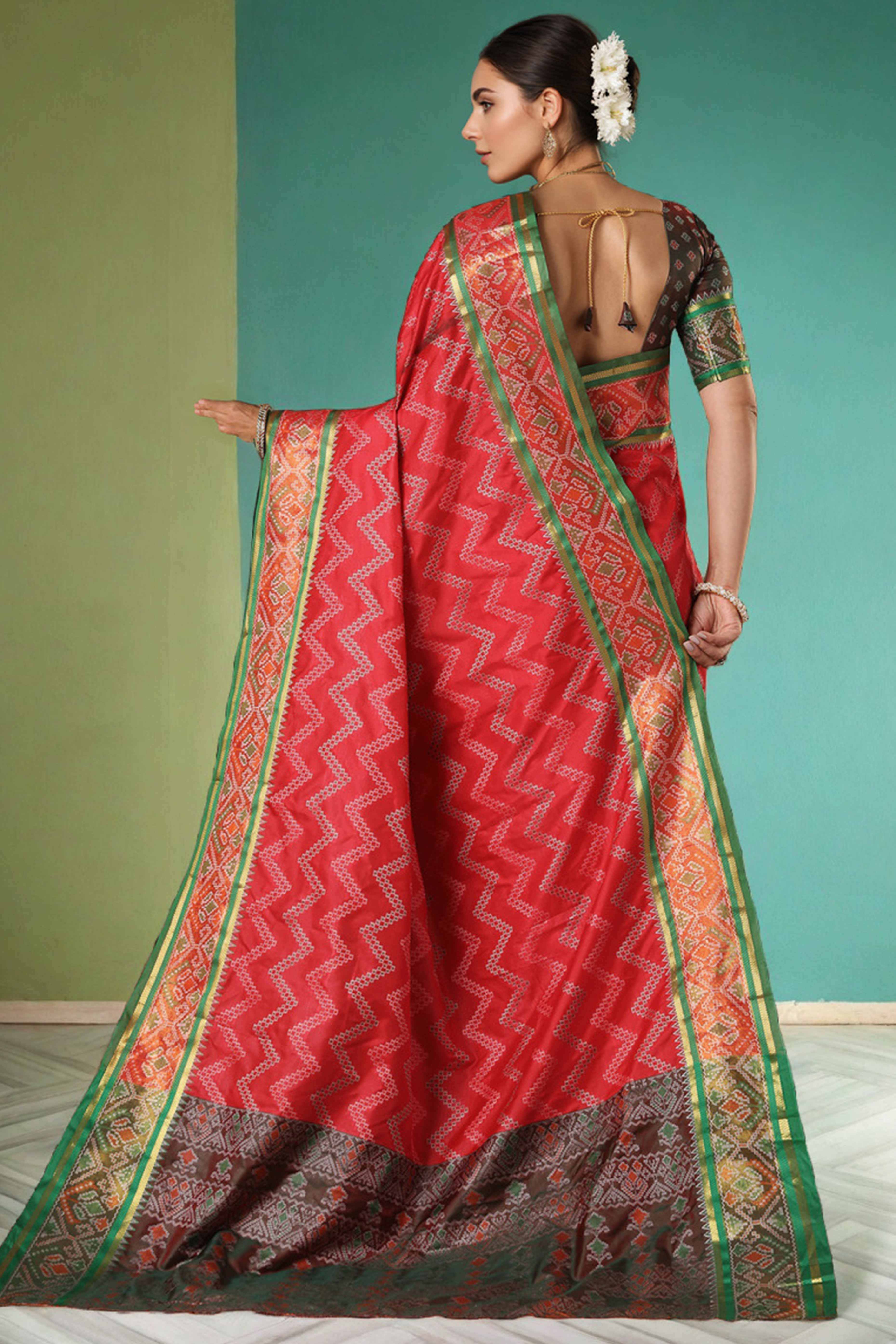 Red Silk Blend Saree With Traditional Zig Zag Patola Weaving & Tassel Pallu