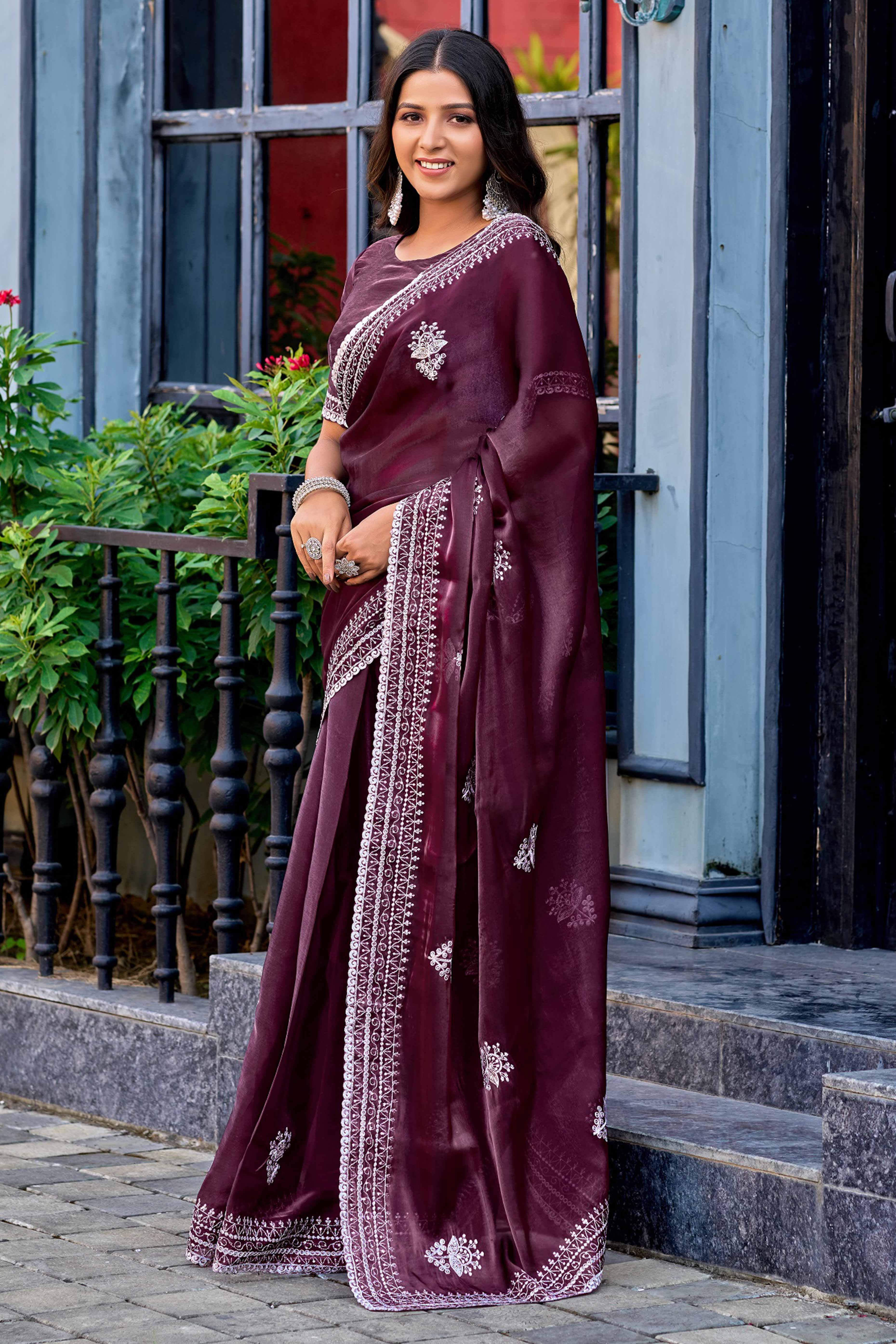 Coffee Brown Partywear Saree in Shimmer Chiffon with Sequins Embroidery