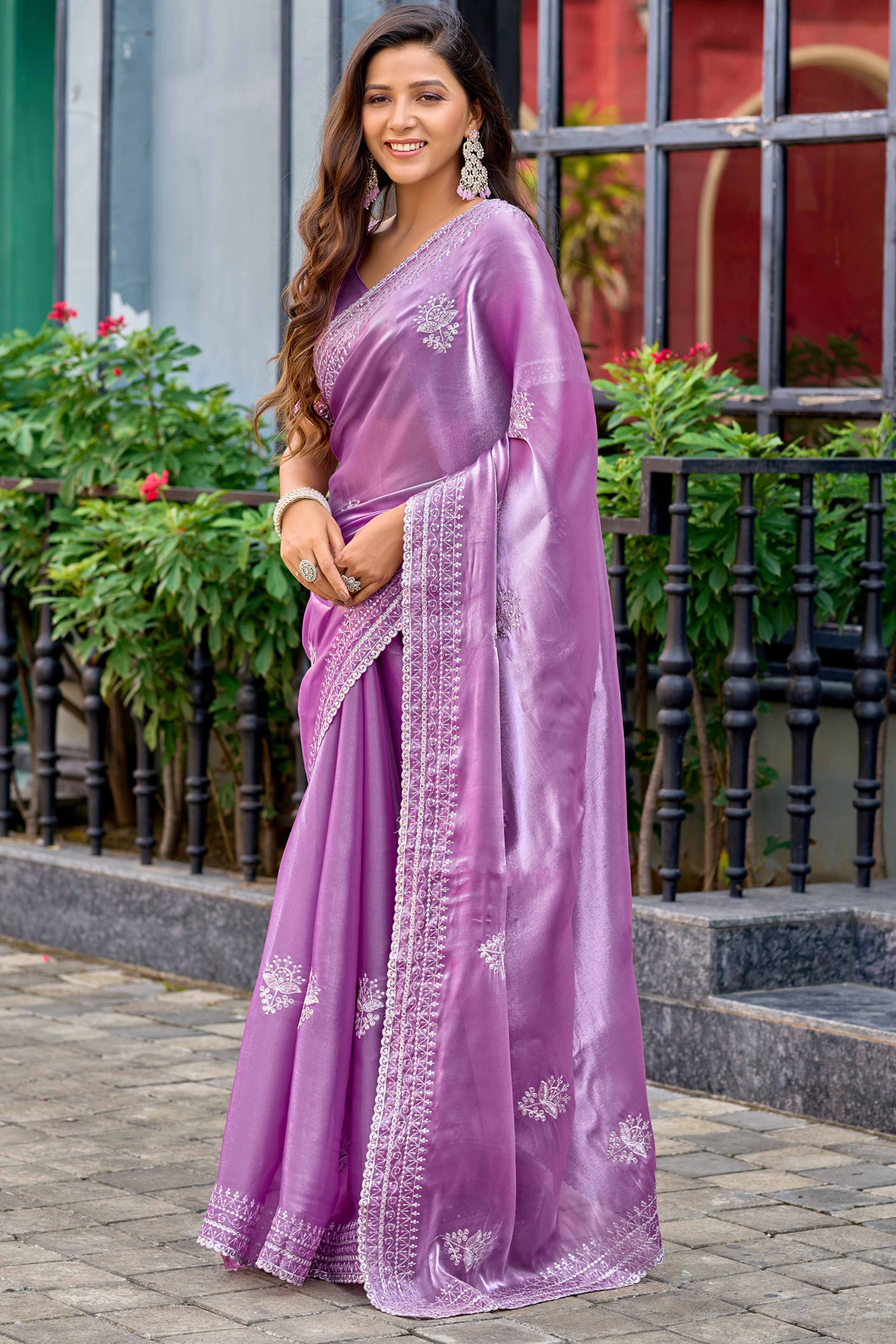 Lavender Partywear Saree in Shimmer Chiffon with Sequins Embroidery