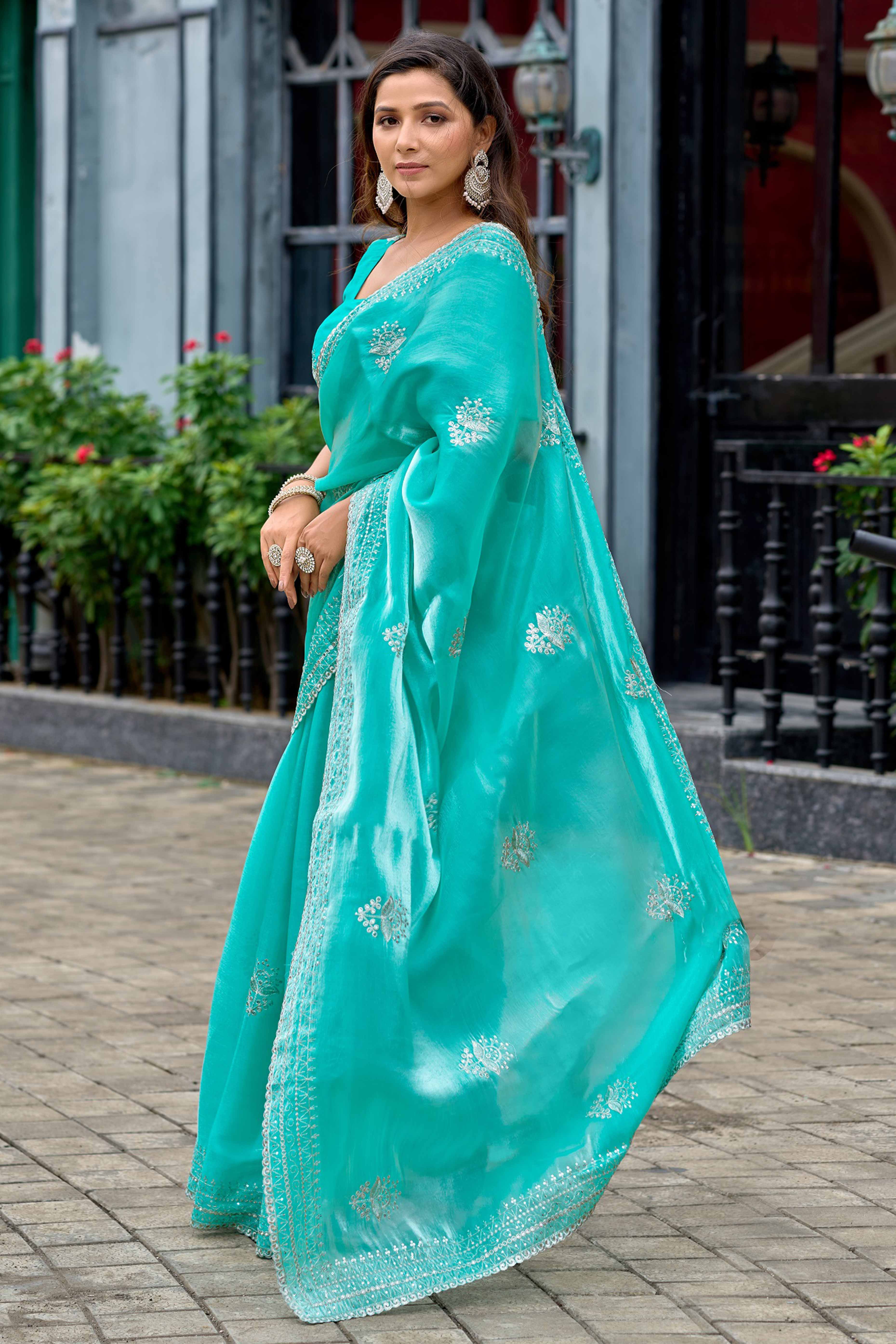 Turquoise Partywear Saree in Shimmer Chiffon with Sequins Embroidery