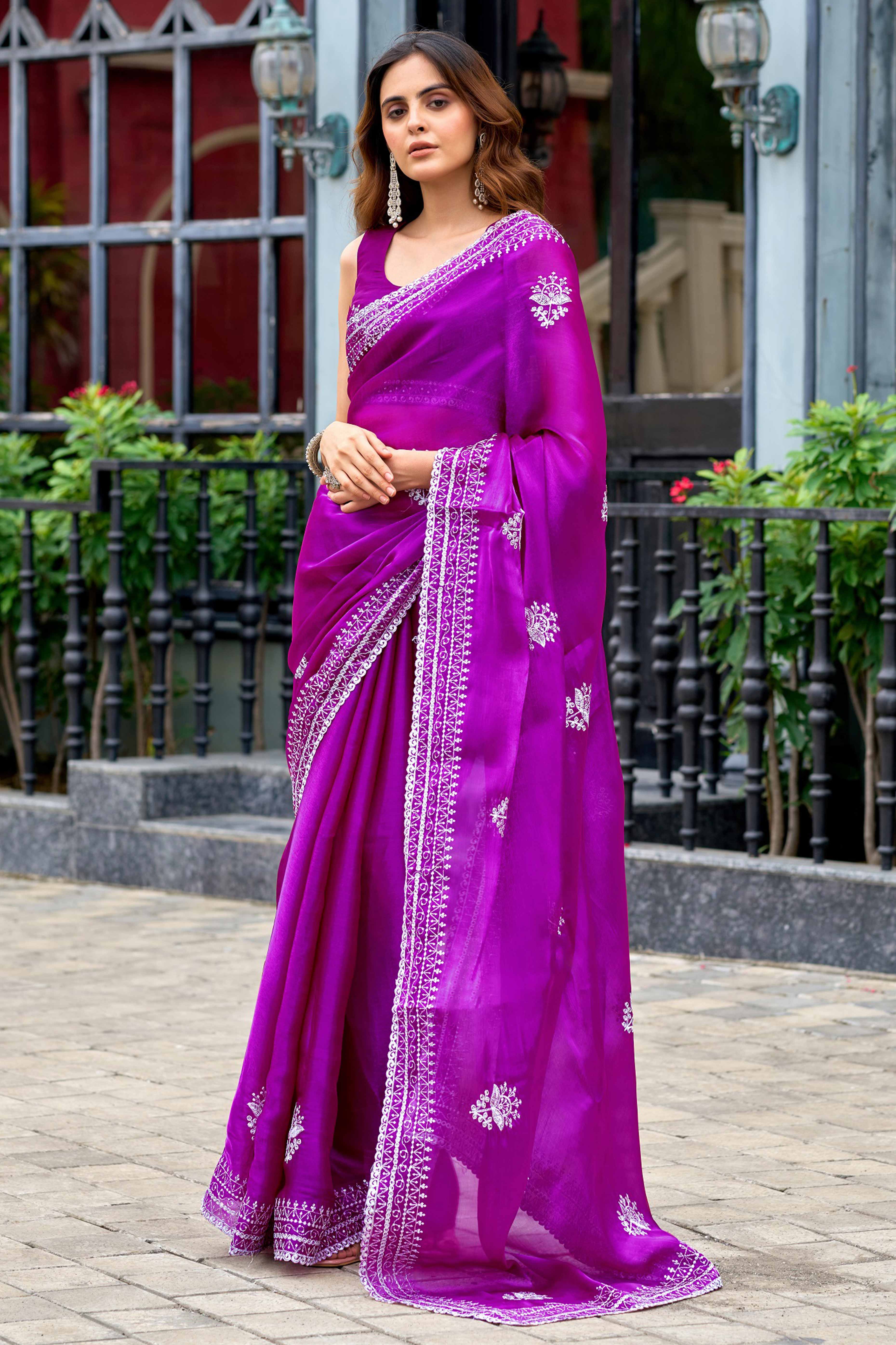 Purple Partywear Saree in Shimmer Chiffon with Sequins Embroidery