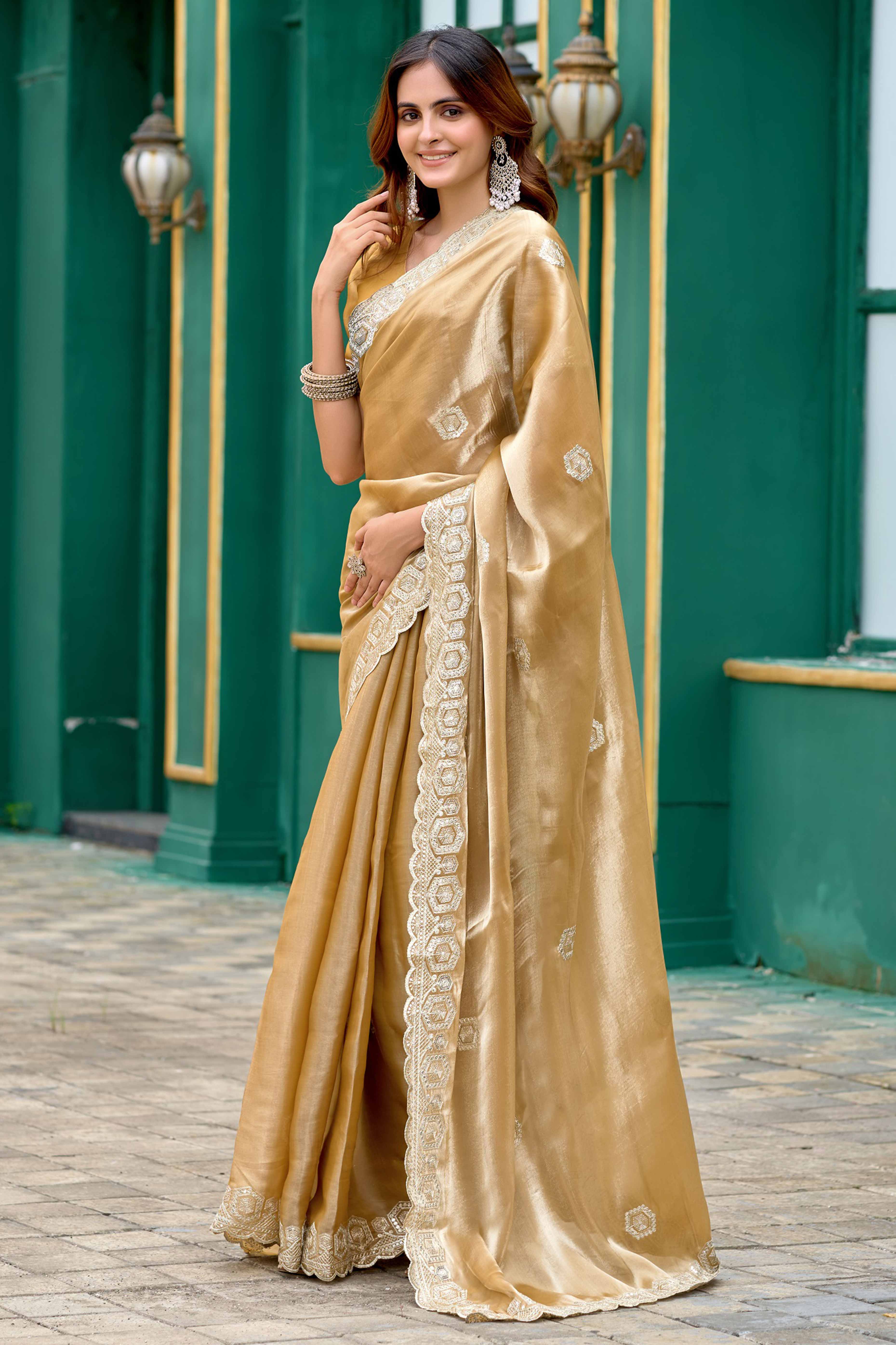 Shimmering Beige Chiffon Saree with Delicate Sequins Work