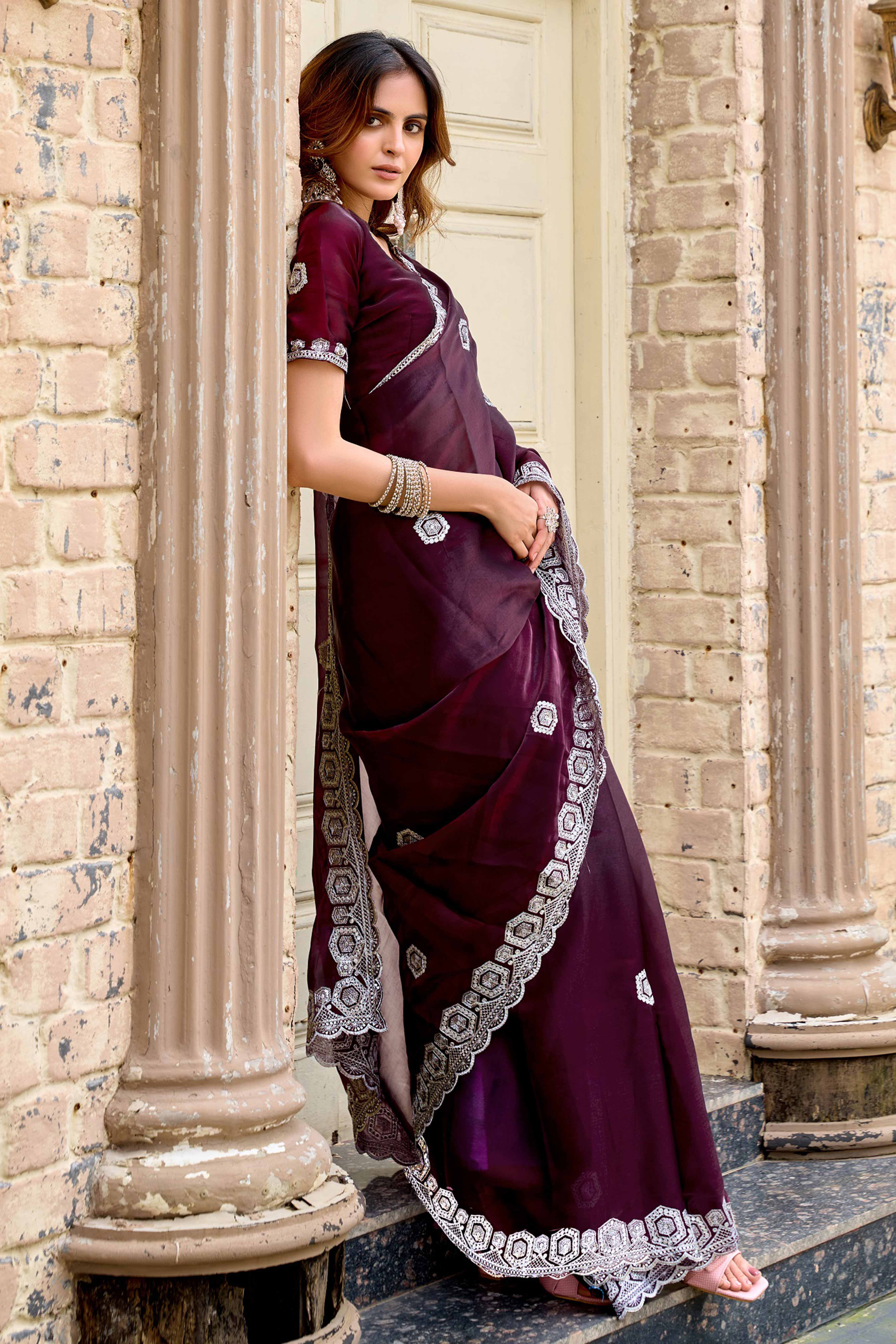 Shimmering Wine Chiffon Saree with Delicate Sequins Work