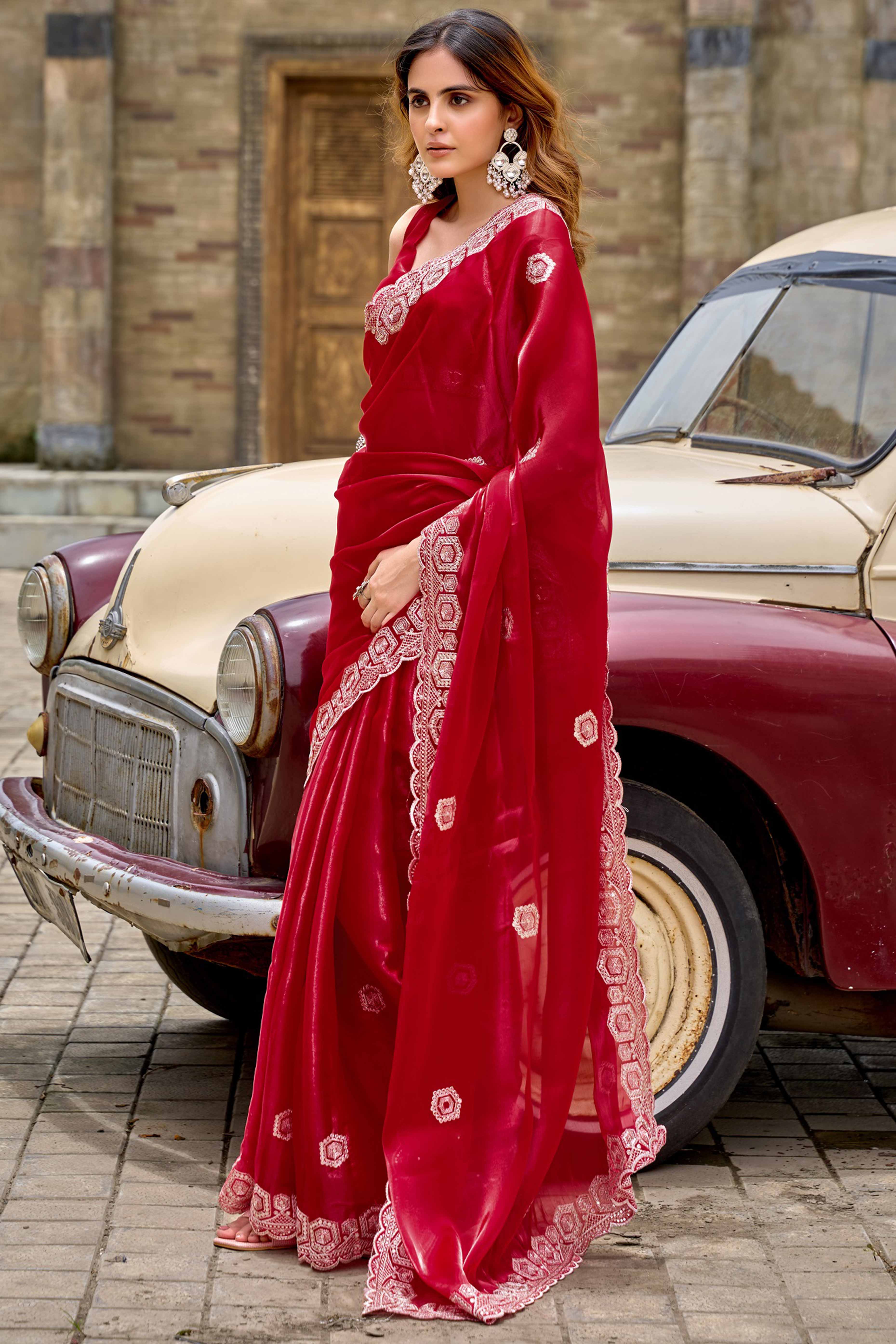 Shimmering Red Chiffon Saree with Delicate Sequins Work