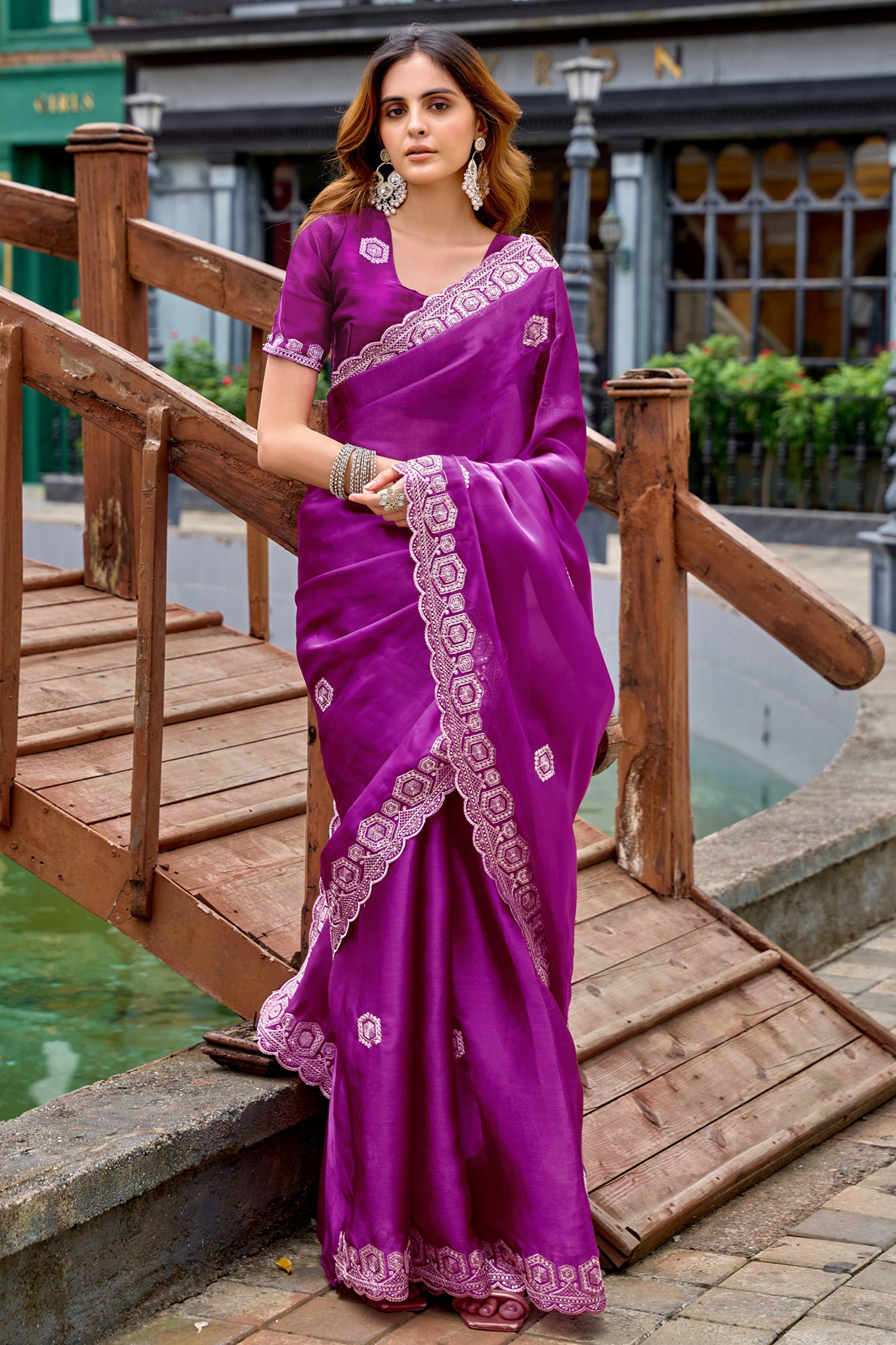 Shimmering Purple Chiffon Saree with Delicate Sequins Work