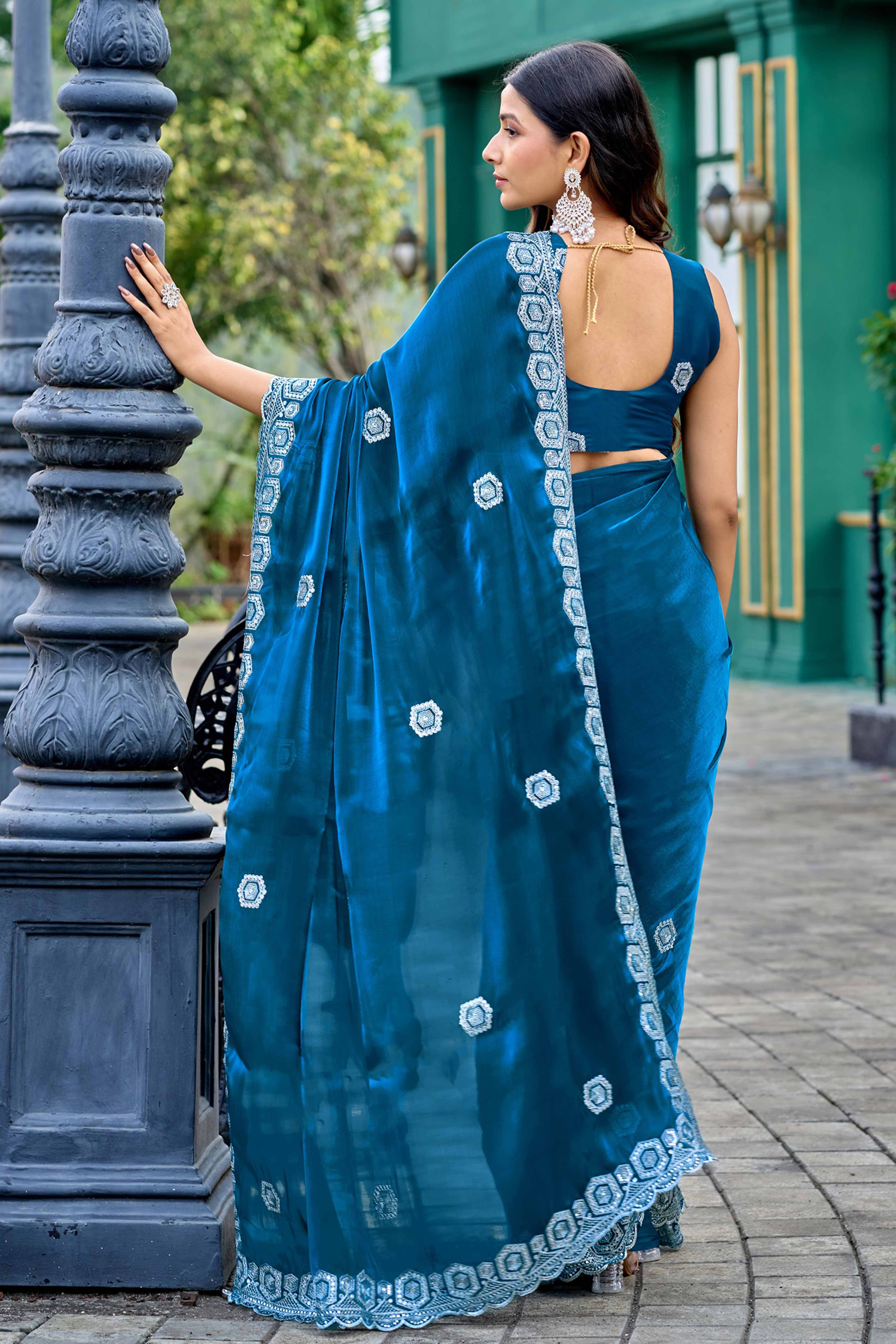 Shimmering Teal Chiffon Saree with Delicate Sequins Work