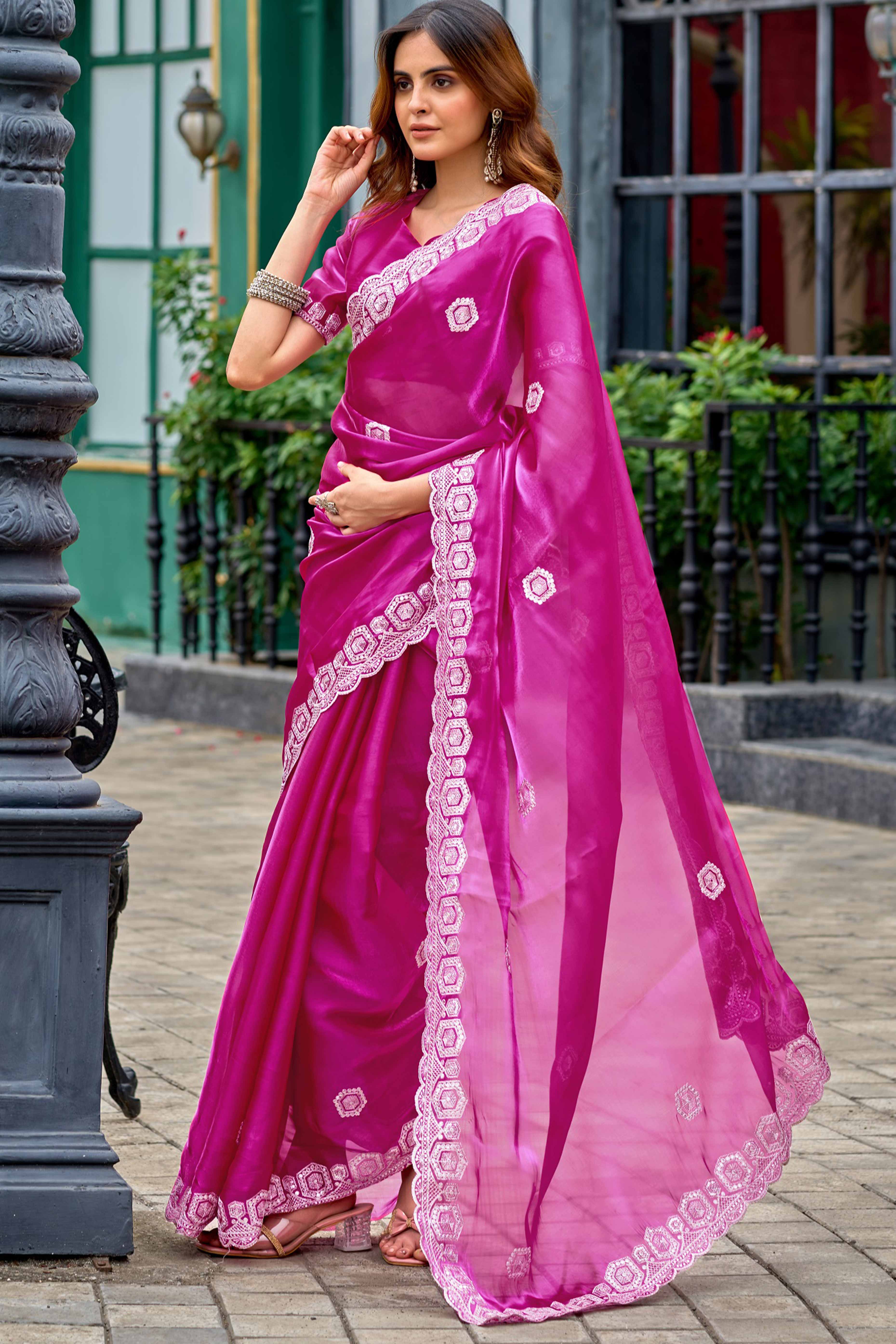 Shimmering Pink Chiffon Saree with Delicate Sequins Work