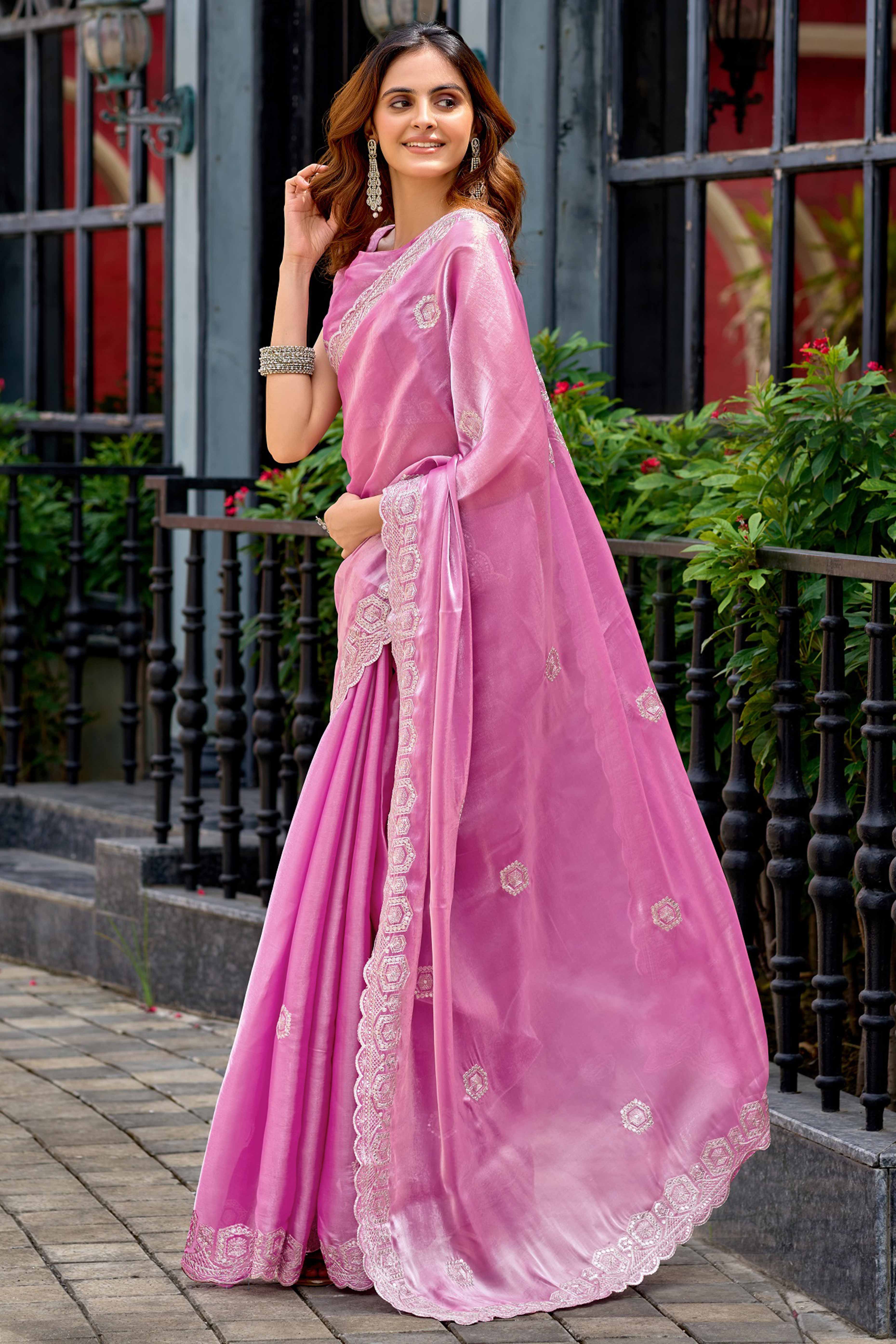 Shimmering Baby Pink Chiffon Saree with Delicate Sequins Work