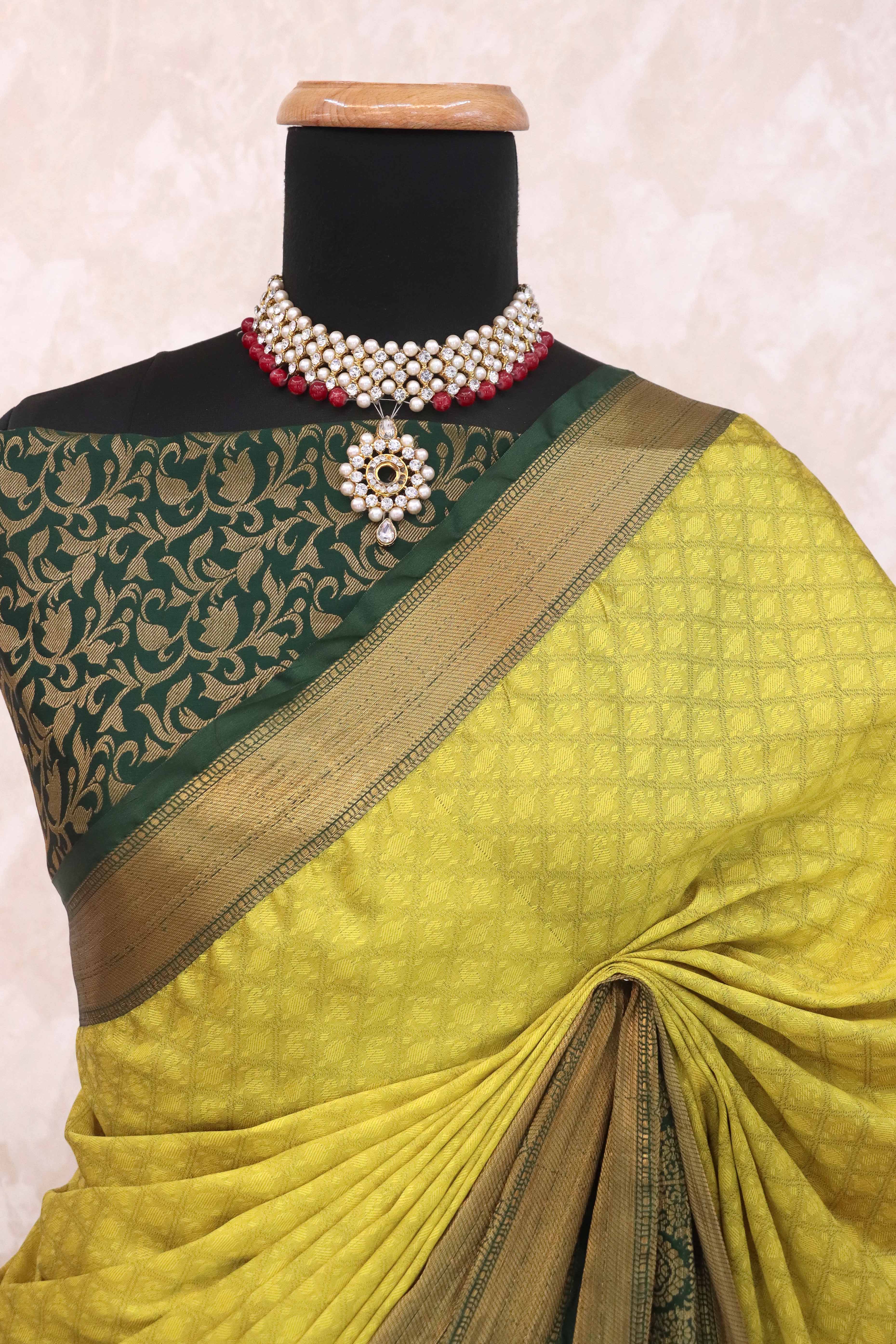 Lemon Green Silk Blend Saree With Detailed Zari Weaving & Tassel Embellishments