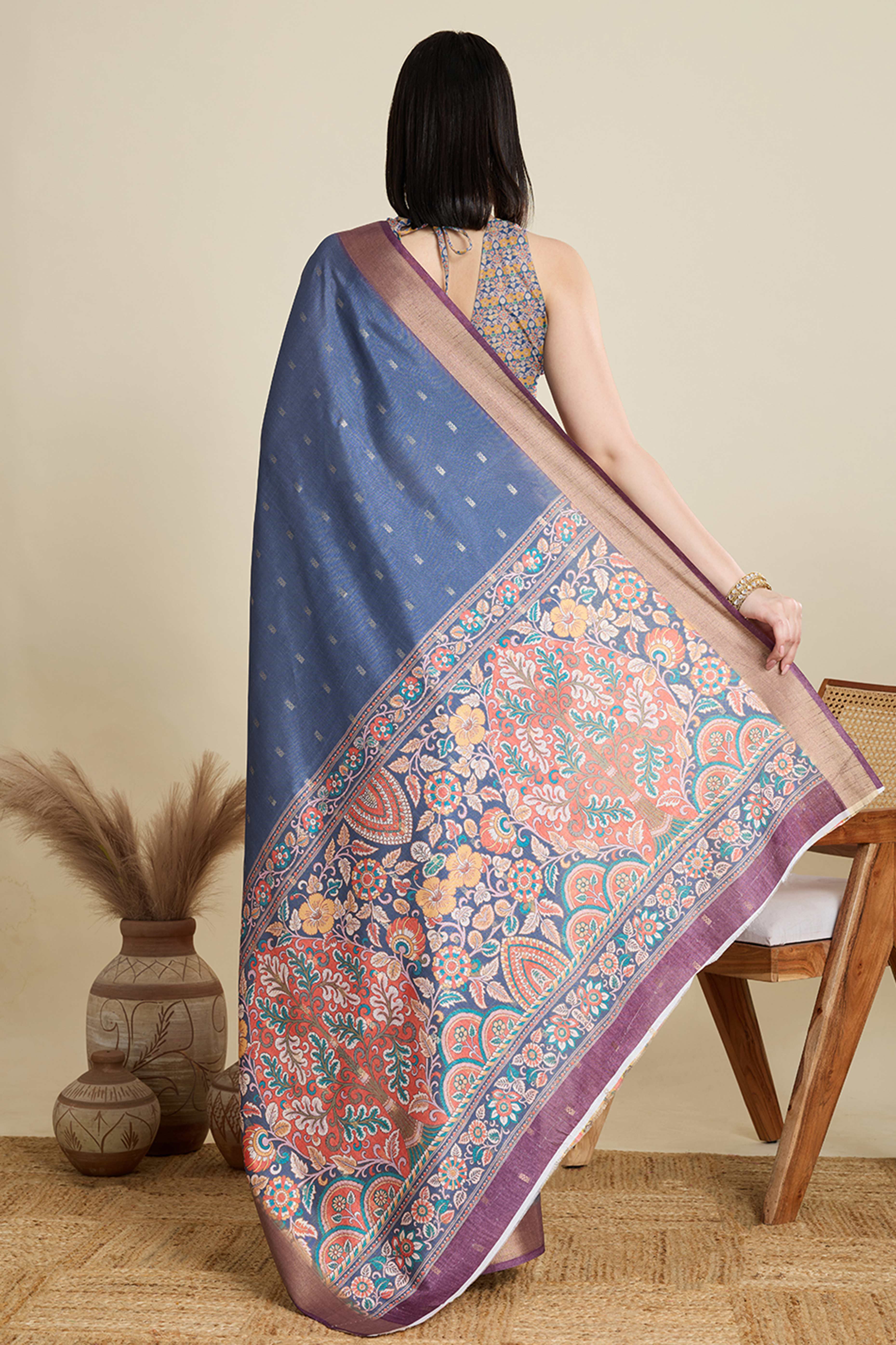 Blue Cotton Blend Saree with Traditional Weaving Butti Work and Gleaming Zari Border